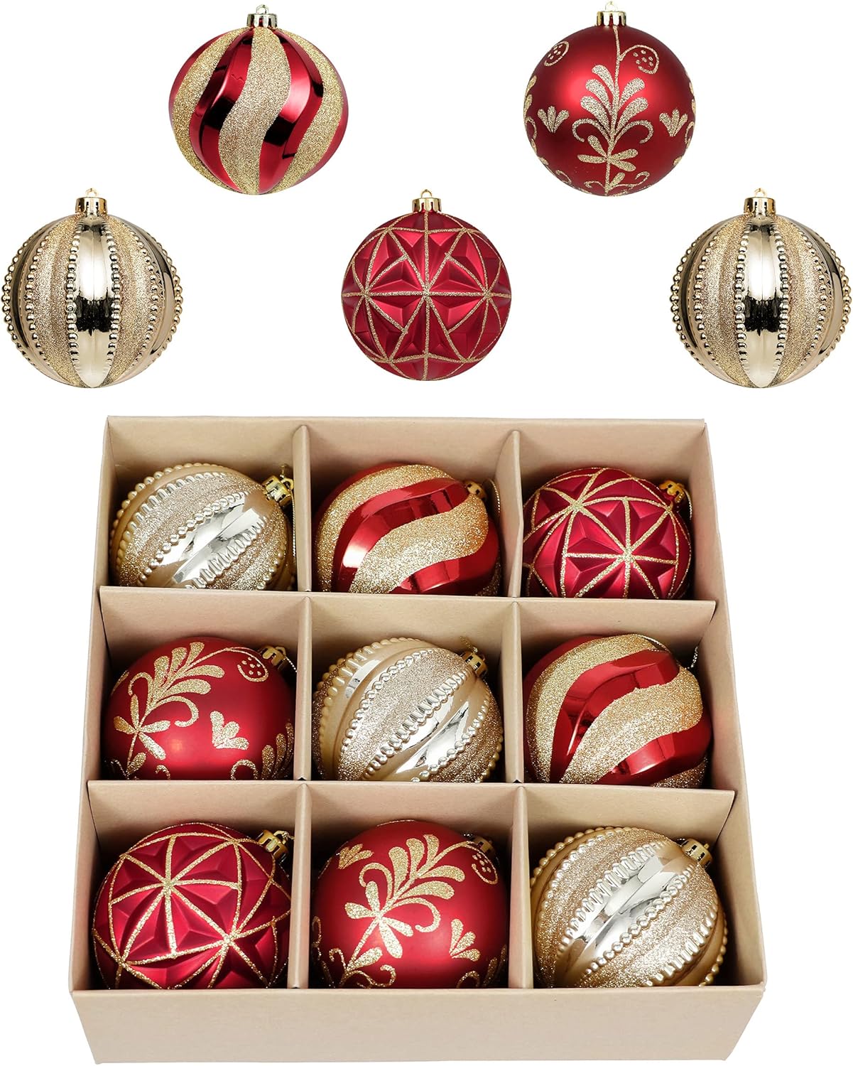 Valery Madelyn Large Christmas Ball Ornaments, 9ct 3.94 Inches Red and Gold Shatterproof Christmas Tree Decorations Set, Luxury Hanging Ornaments for Xmas Trees Bulk Holiday Decor