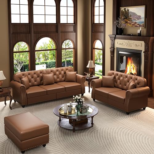 KEIKI 2-Piece Chesterfield Sofa Set with 1 Faux Leather 3-Seater Sofa & 1 Loveseat Sofa, Upholstered 5-Seater Couch Set with Nailhead Trim & Rolled Arms & 1 Ottoman & 5 Pillow, for Living Room, Brown