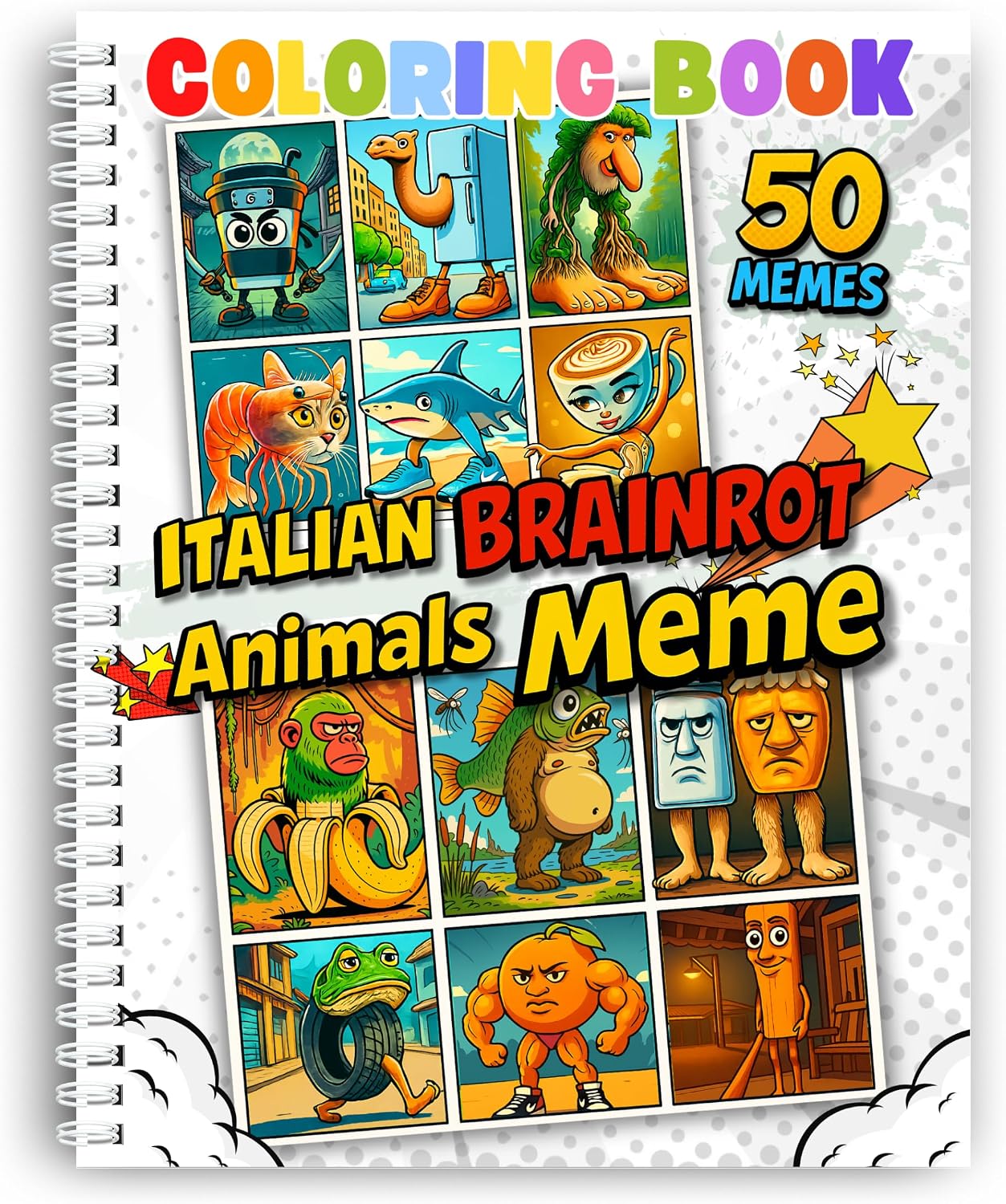 Coloring Pages, Meme Animals Coloring for Kids Ages 3+ 44 Fun and Hilarious Illustrations of Italian Brainrot Animals Meme! Perfect for Boys & Girls. Spiral Bound, Thick 199 GSM Paper, Size 8.5x11 in