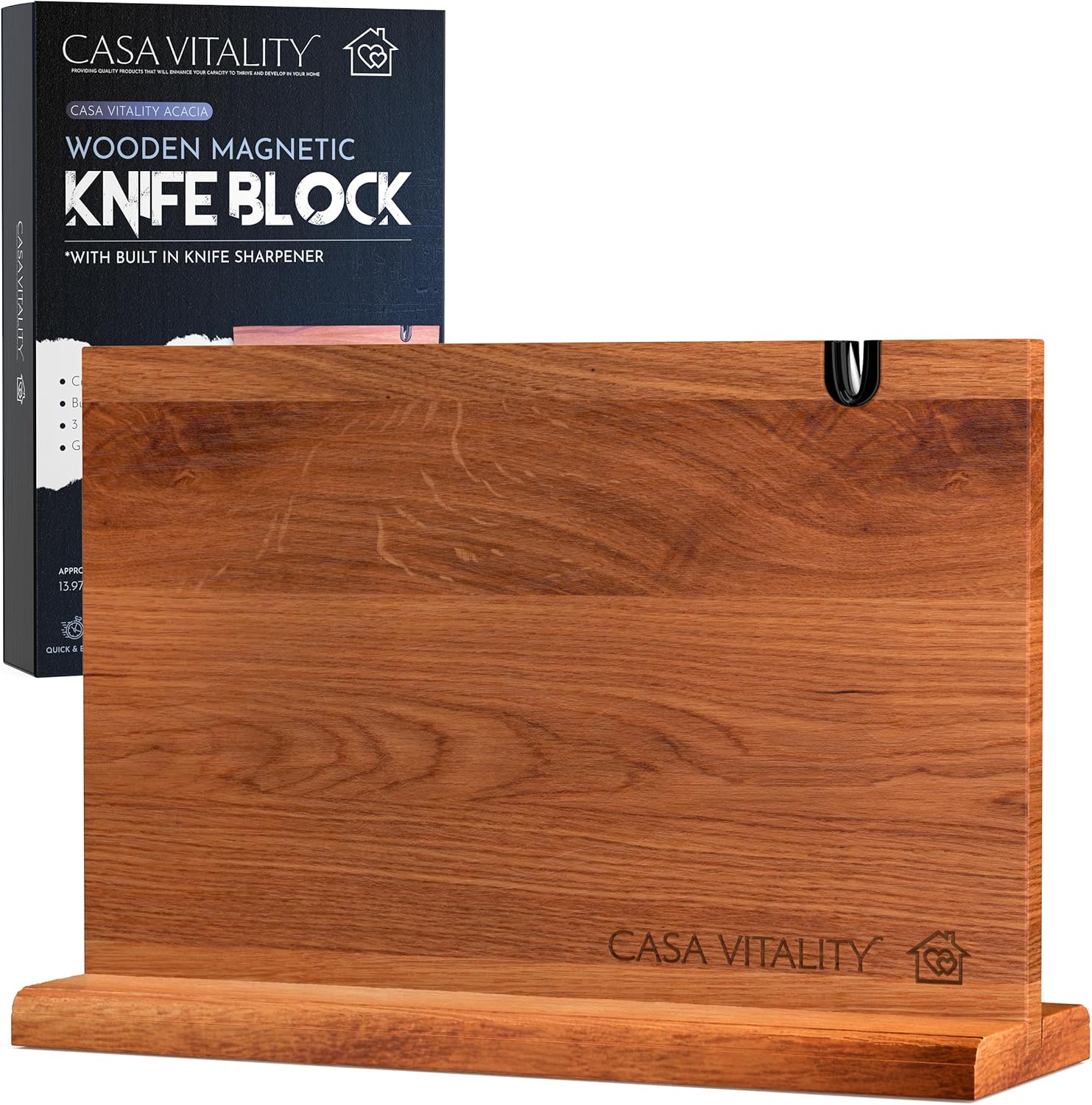 Acacia Wood Magnetic Knife Holder 14x10" – Double-Sided Knife Holder with Strong Magnet & Built-In Sharpener – Space-Saving Magnetic Knife Block Gift for Home Kitchens & Cooking Lovers