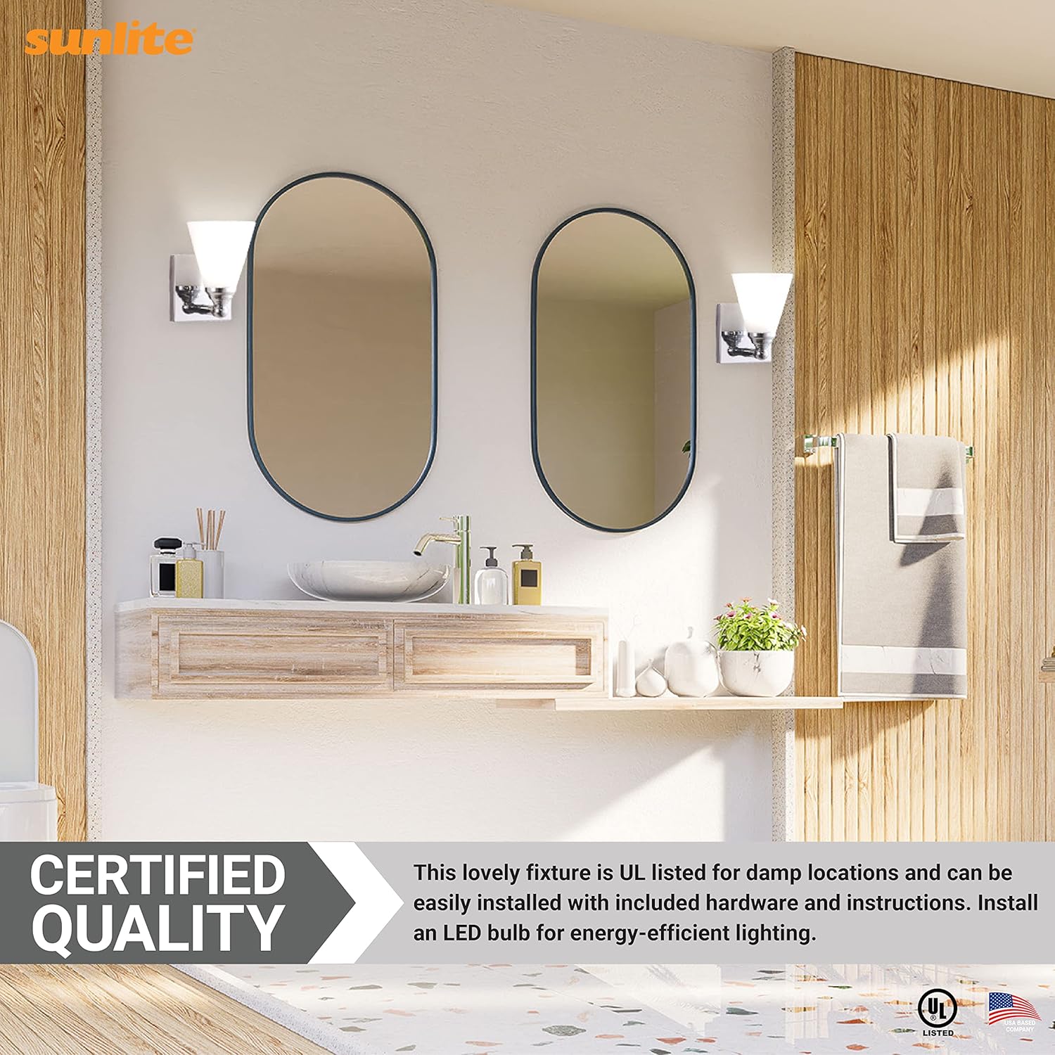 Sunlite Cone Shade Vanity Light Fixture, Wall Mount, Medium (E26) Socket, Standard A19 Bulb Required (60W Max), Bathrooms, Powder Rooms, Frosted Glass Shade, Brushed Nickel Base 1-Light