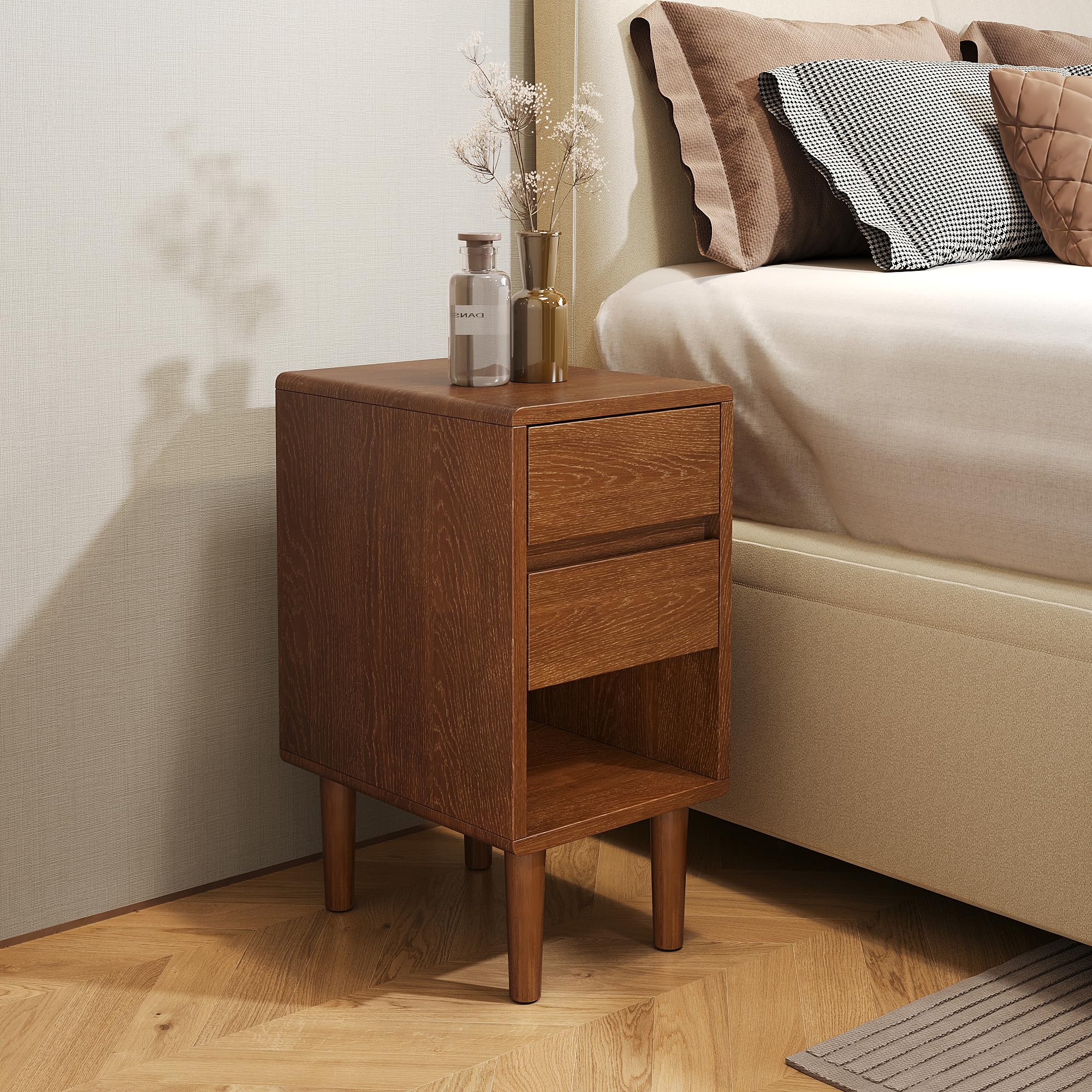 Narrow Nightstand 2 Drawers with Open Shelf Narrow Night Stand Solid Wood Bedside Table Mid Century Modern Nightstand Wooden End Table for Bedroom, Study, Office