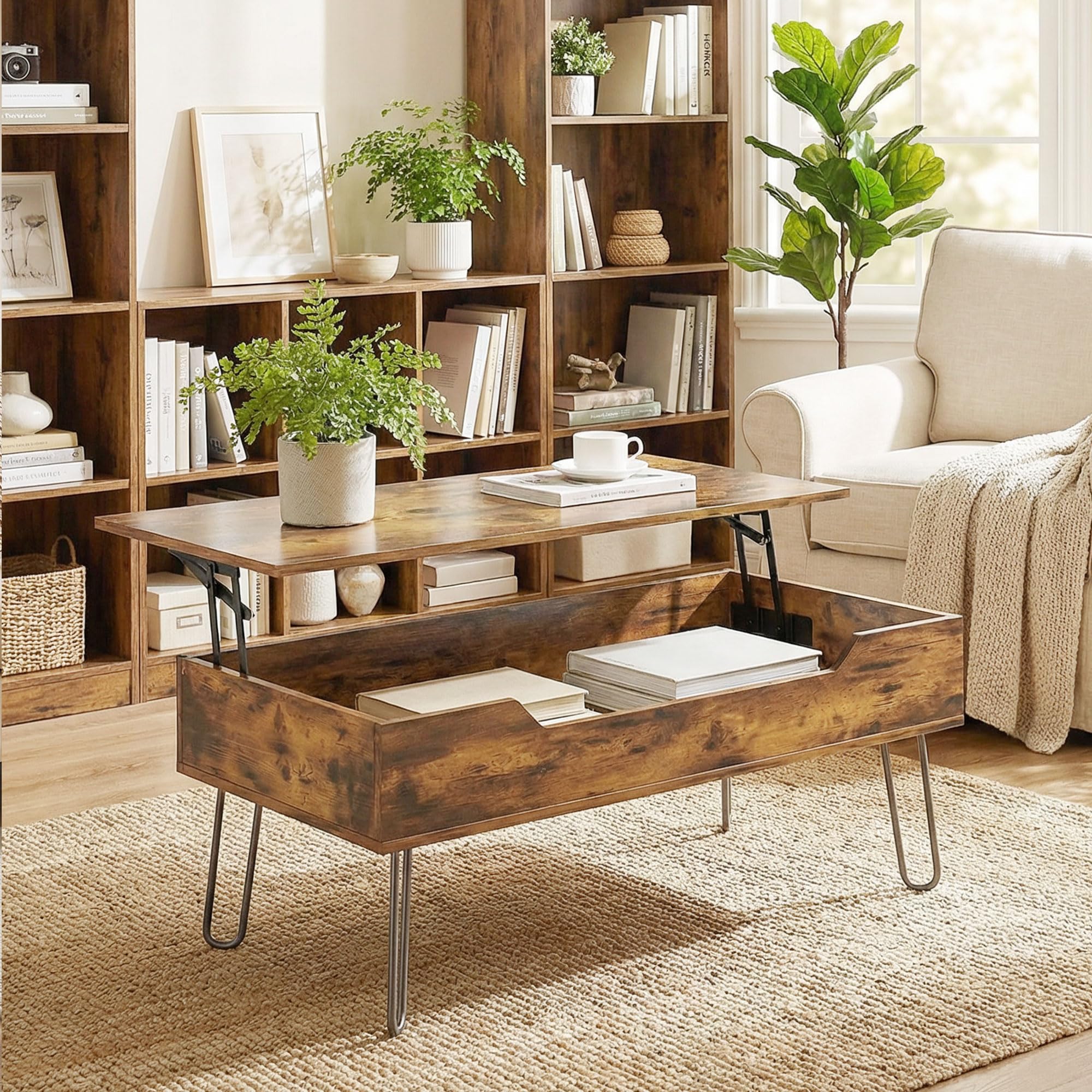 HOMCOM Mesa de Centro Elevable, Mesa de Café para Salón con Compartimento Oculto, Patas de Acero para Sala de Estar, Comedor, 95x50x40 cm, Marrón Rústico