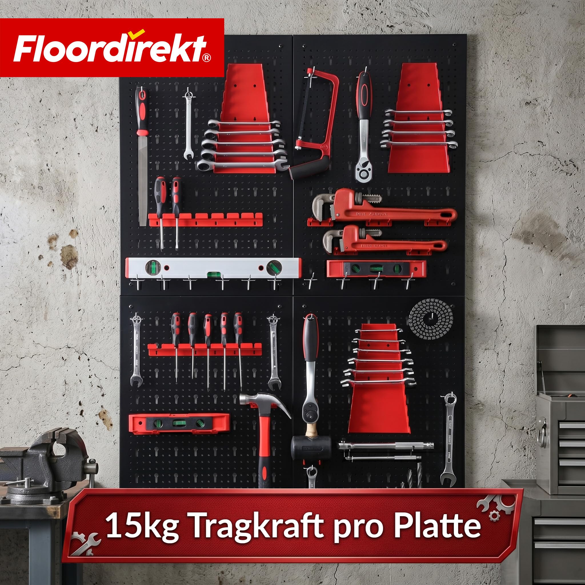 Floordirekt Werkzeug Lochwand aus Metall 160x60 cm Werkzeugwand Lochplatte - 4 Platten Set, für Werkbank, Garage, Werkstatteinrichtung