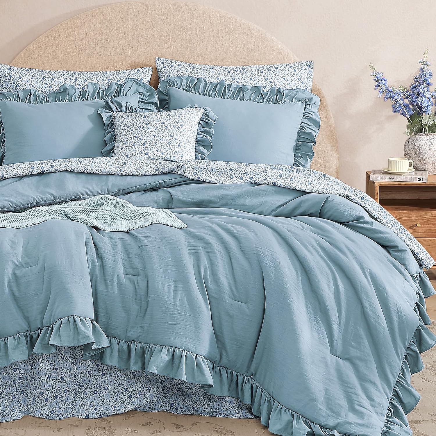 bloomhaven full comforter set - 7 pieces ruffle blue bedding sets, shabby chic farmhouse bed in a bag full with ruffle comforter, floral sheets, pillowcases & shams blue full