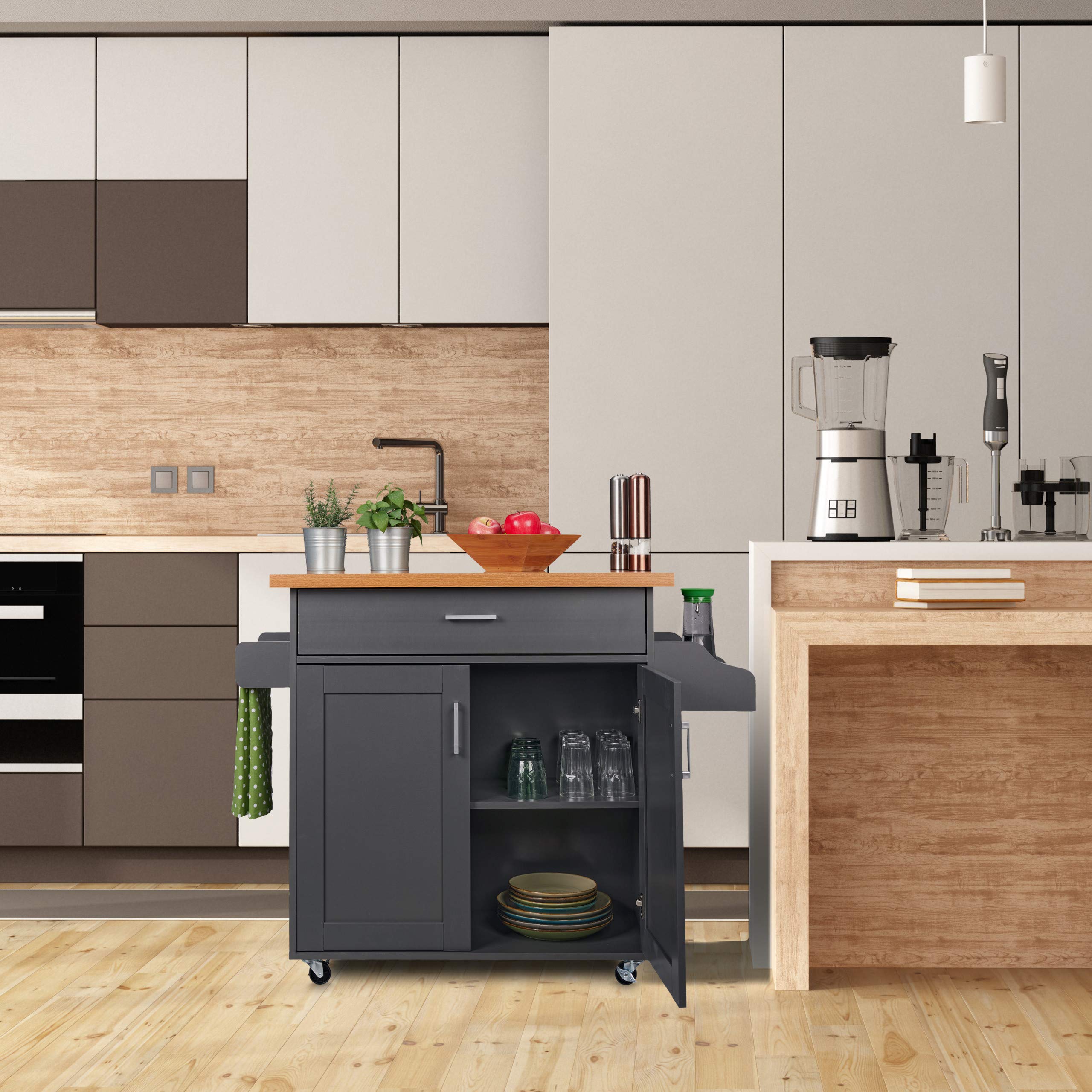 Relaxdays Carrello da Cucina con Cassetti, Piano di Lavoro, 2 Scomparti, Porta Spezie & Asciugamani, Grigio/Naturale