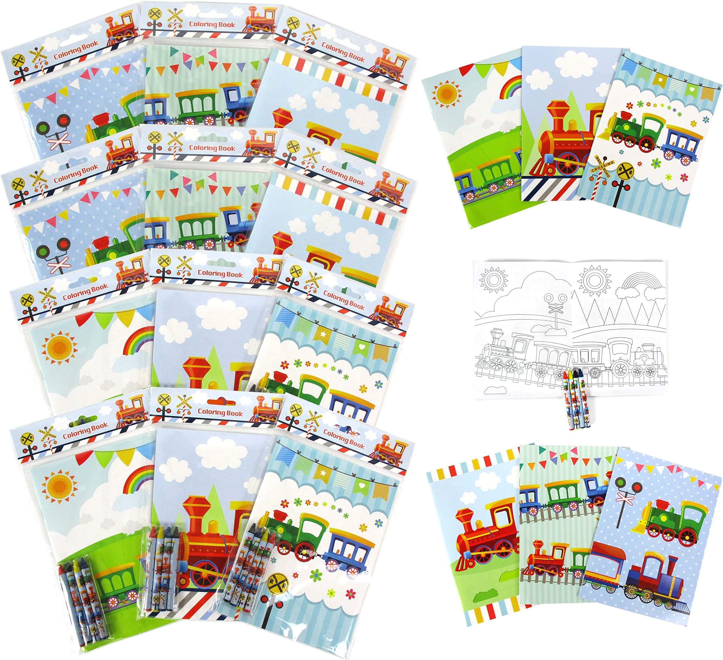 TINYMILLS Train Coloring Book Set with 12 Coloring Books and 48 Crayons Train Birthday Party Favor Bag Filler Rewards Classroom Party Chugga Chugga Two Two Party Favors