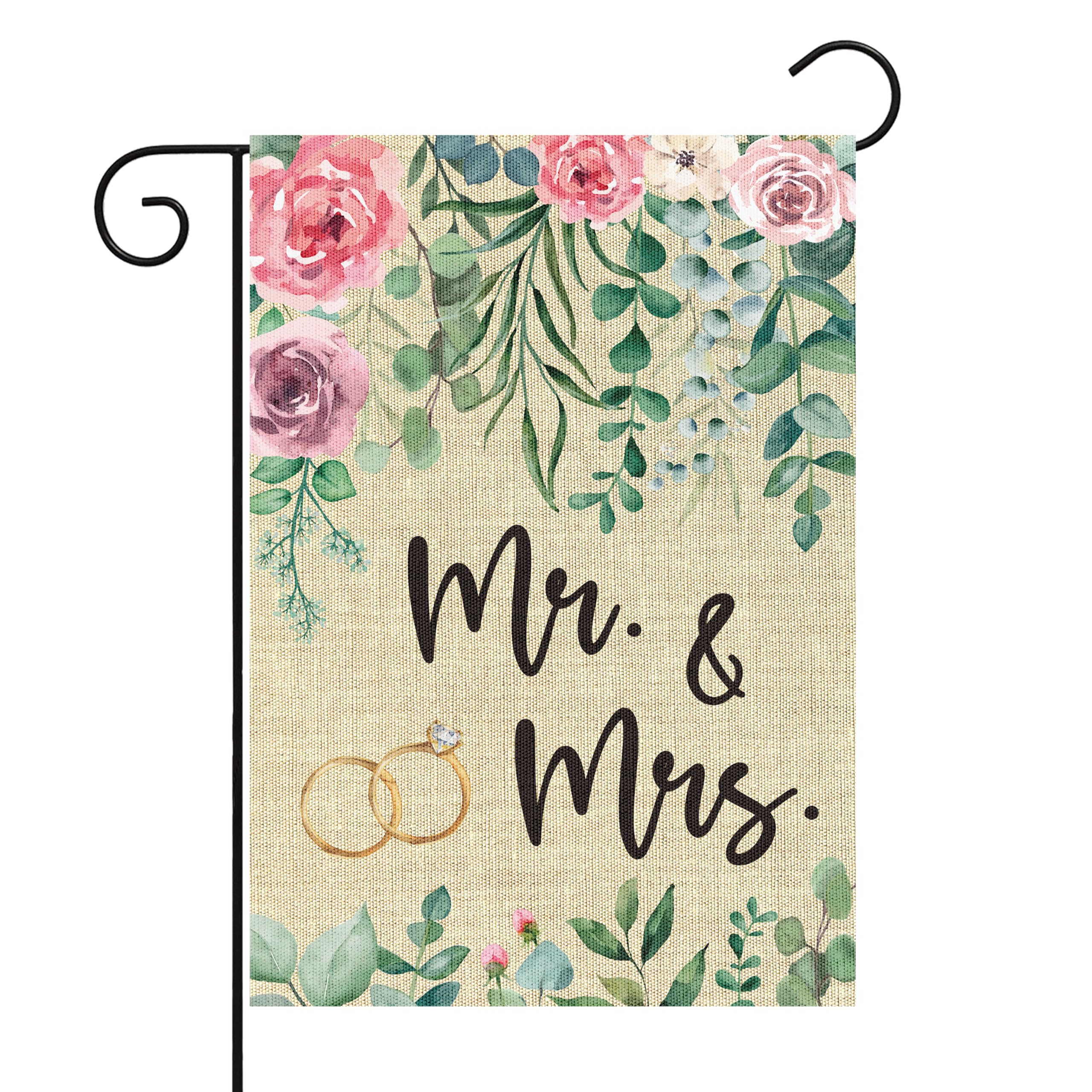 WATINC Mr and Mrs Wedding Flag - 12 X 18 Inch linen Double Side Garden Flag Engagement Anniversary Party Decorations, Floral Marriage Welcome Bride Shower Bachelorette Yard Outdoor Decor Supplies