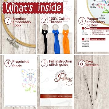 Povitrulya Embroidery Kit for Beginners 'Butterfly' - Fun Starter Kit for Hand Embroidery with Stamped Pattern, Pre-Sorted Floss and Bamboo Hoop - for Adults