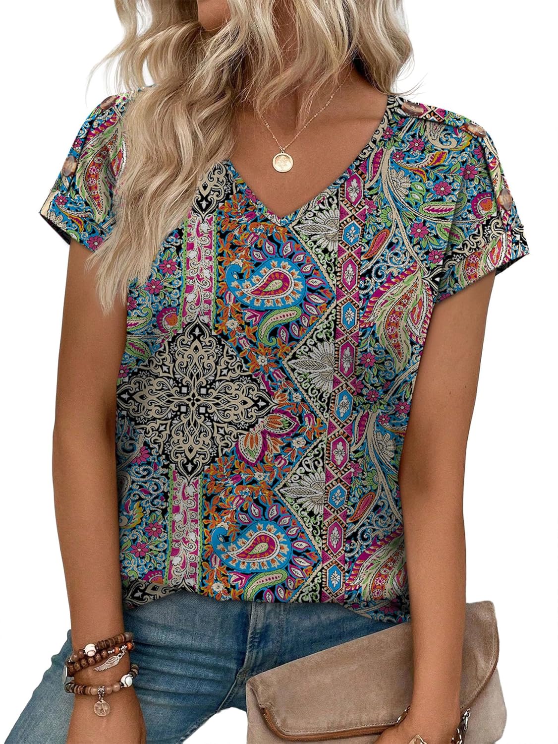XIEERDUO Womens Summer Tops Short Sleeve Shirts with Buttons V Neck Trendy Tunic Blouses Beach Vacation Clothes