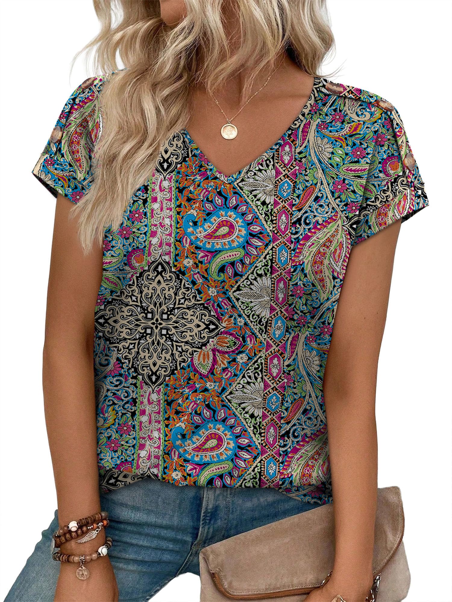 XIEERDUO Womens Summer Tops Short Sleeve Shirts with Buttons V Neck Trendy Tunic Blouses Beach Vacation Clothes