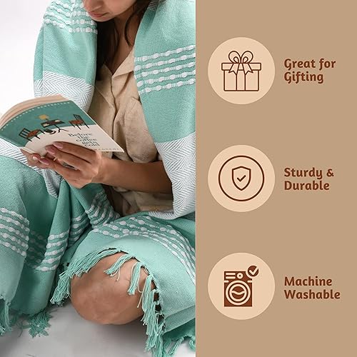 Miniatura 6 de Folkulture Manta y mantas para sofá 100% algodón reciclado, 50 x 60 pulgadas, color verde salvia, suave y cálida, estilo bohemio