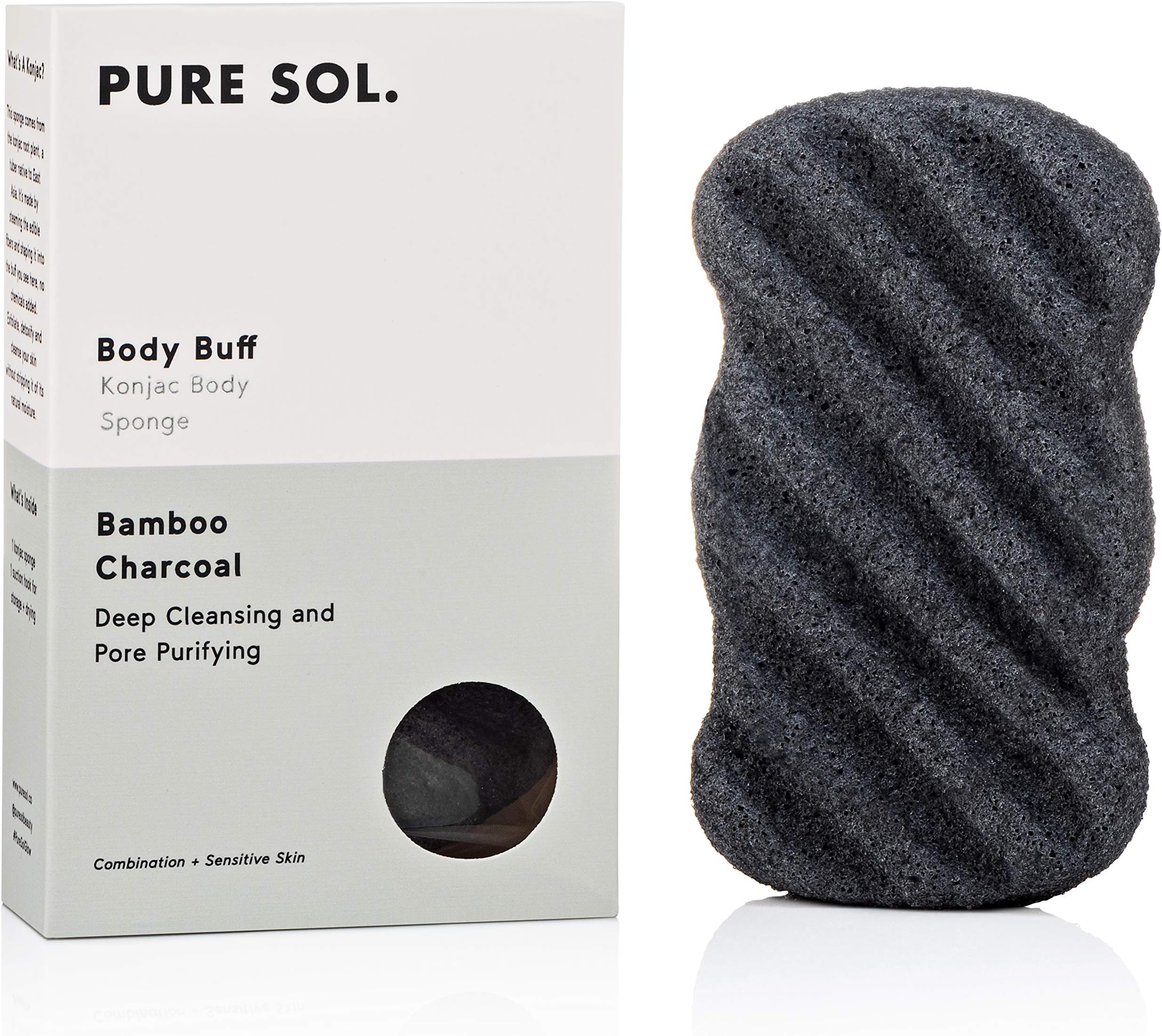 Konjac Sponge - Activated Charcoal - Body Sponge, 100% Natural Sponge, Eco-friendly - Gentle Exfoliating Sponge, Deep Cleansing, Improved Skin Texture - Konjac Body or Facial Cleansing Sponge - Natural Beauty Products - Free of Chemicals, Parabens, Sulphates, fragrances & Coloring - Good for Sensitive Skin, Hypoallergenic, Acne & Oily skin - Cruelty Free, Vegan, Biodegradable, Naturally Su