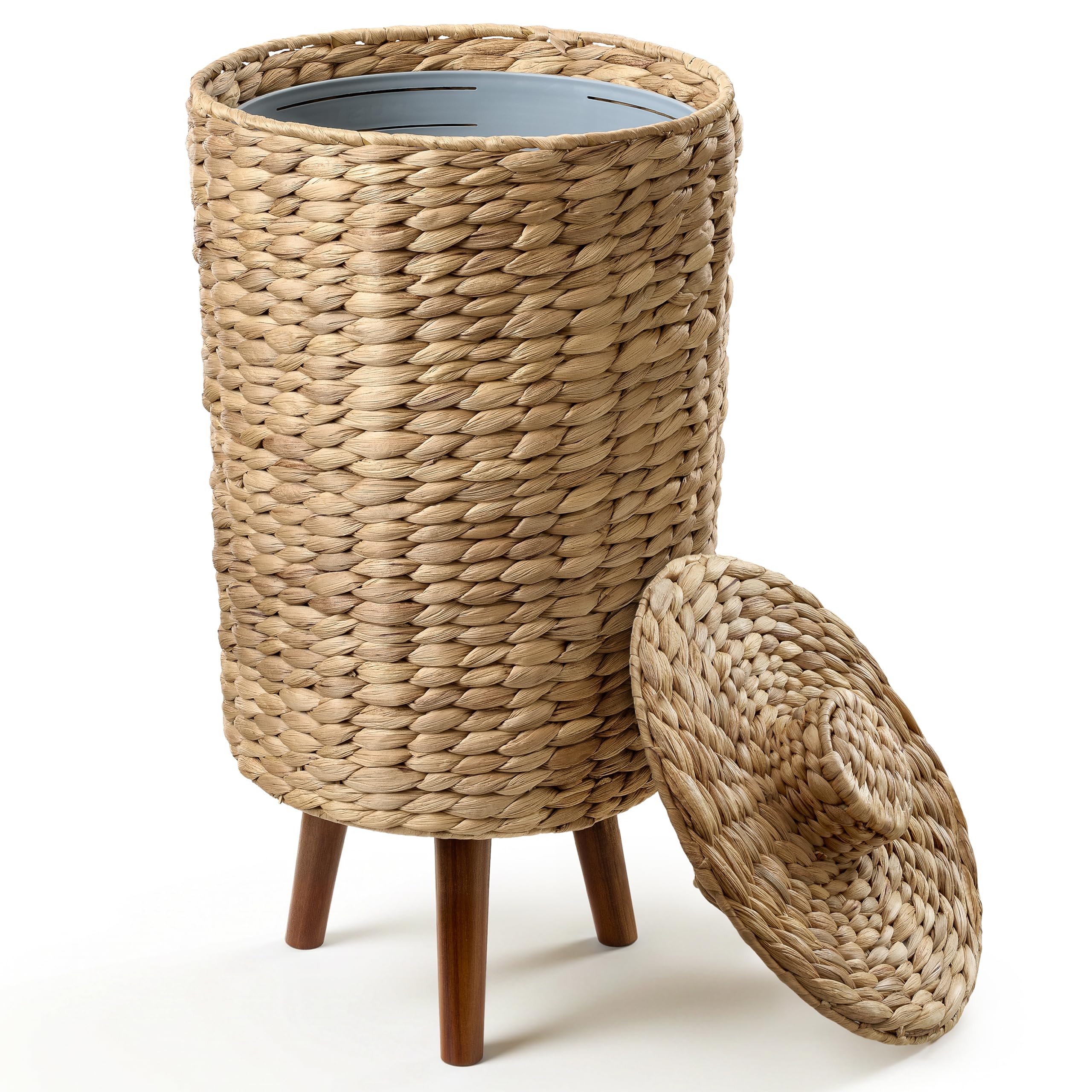 Tidita 3-Gallon Wicker Trash Can with Lid, Wooden Legs, Removable Liner