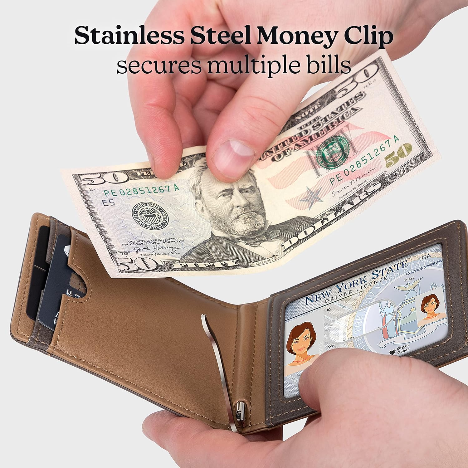 Marino Avenue Designer Leather Slim Wallet for Men & Women – Front Pocket Bifold Wallet – Advanced RFID Blocking/Fraud Protection – ID Window & Money Clip - Gray/Camel - One Size