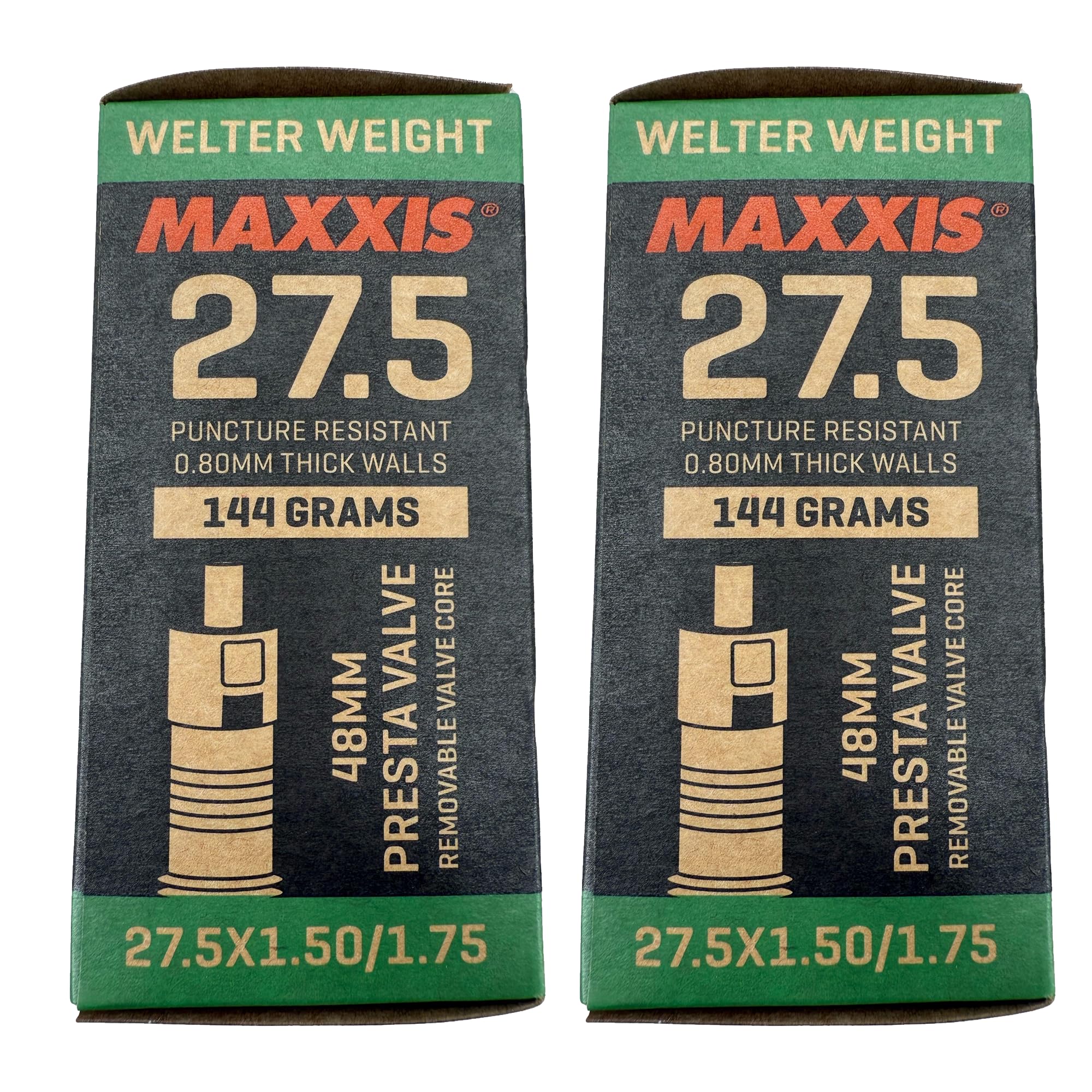Maxxis 27.5" x 1.50-1.75" Welter Weight Bicycle Inner Tube | 48mm Presta Valve | Removable Valve Core | Puncture Resistant | 144g MTB Bike Tube - 2 Pack