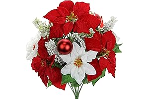 12 Stems Artificial Poinsettia Bouquet Fake Christmas Flowers for Cemetery Vase