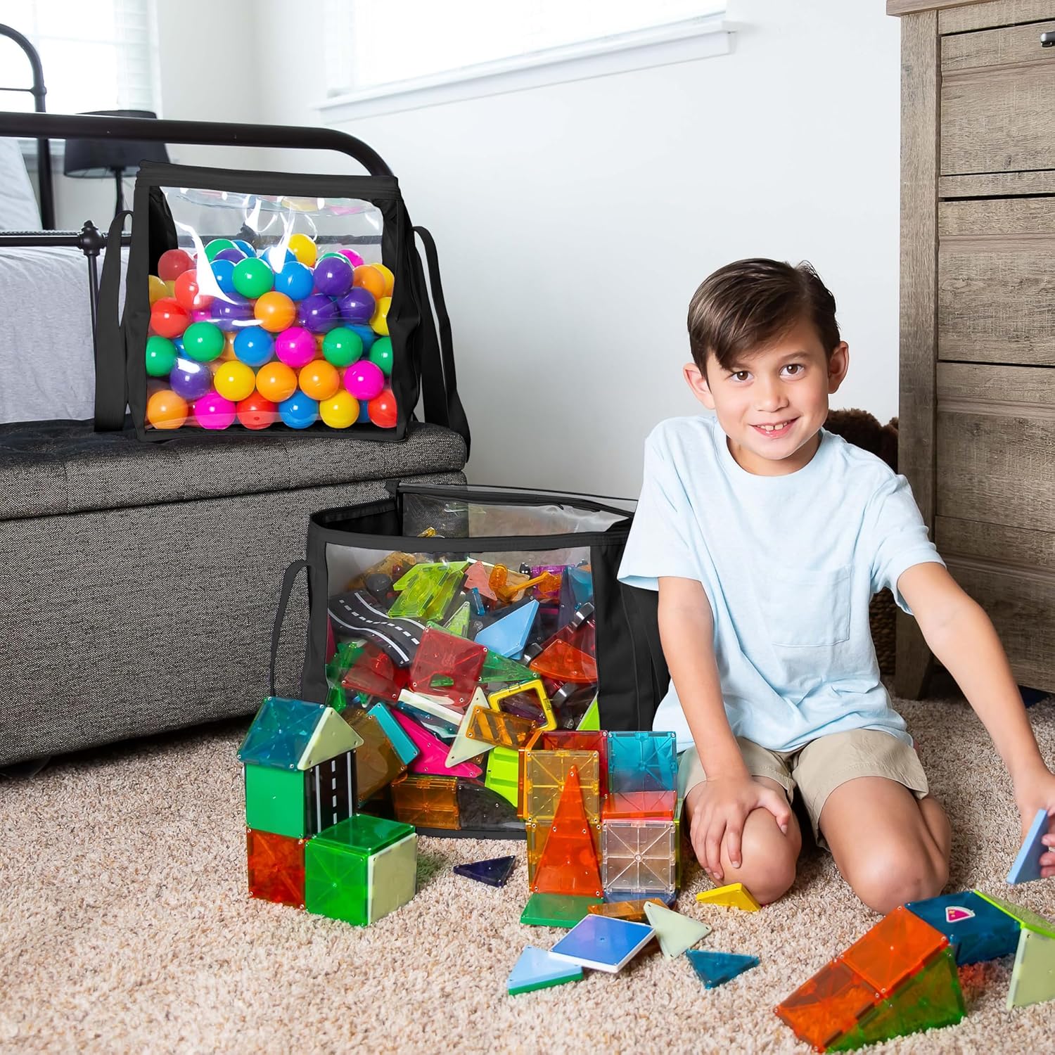 2 Piece Extra Large Toy Storage Clear Bags with Zipper 14"x14"x14" Clear Plastic Bins with Handle, Toy Organizer for Kids playroom, Blocks, Clothes, Stuffed Animal Storage - Image 4