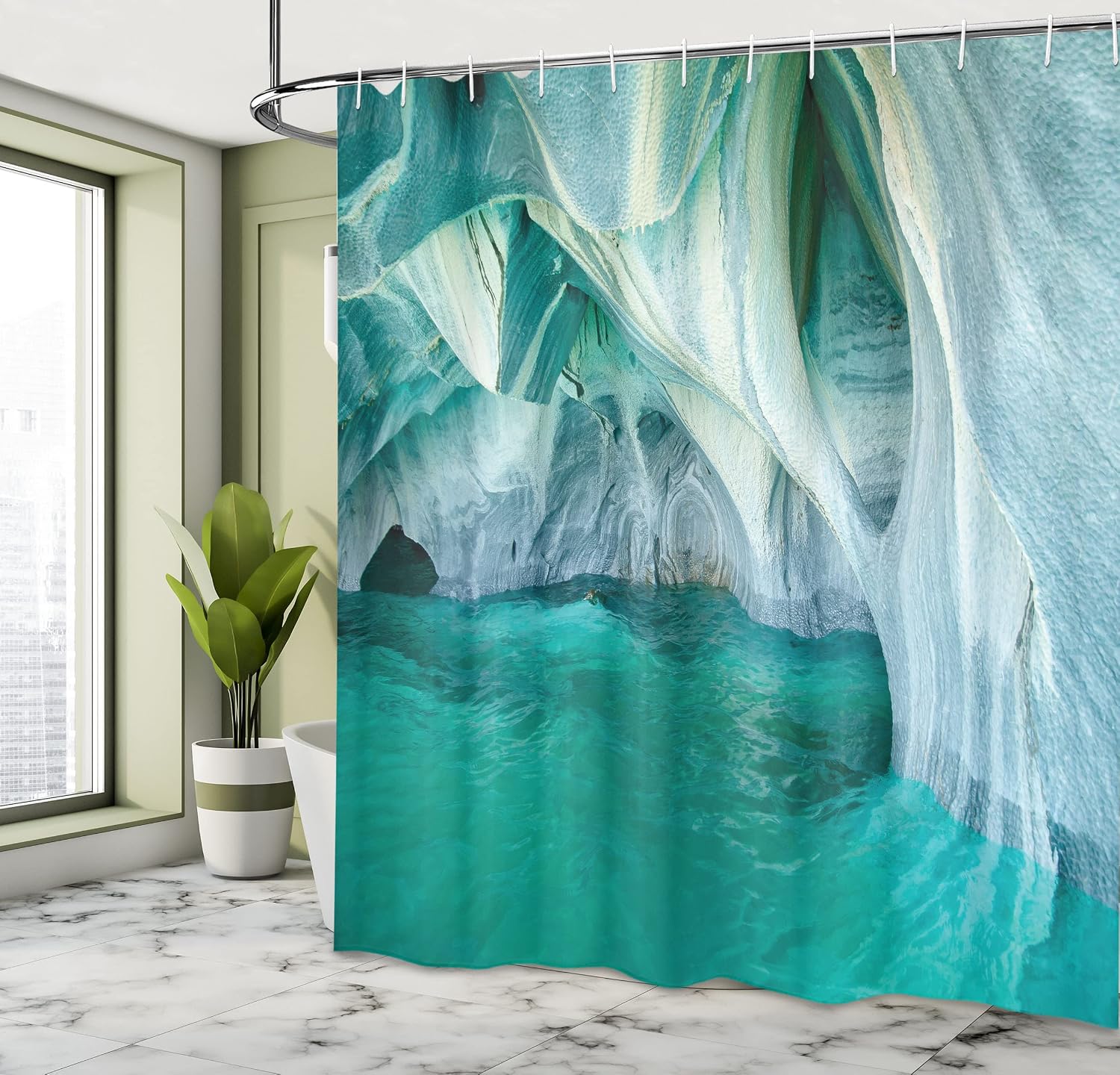 Ambesonne Nature Shower Curtain, Natural Marble Cave at European Mediterranean Lake Geologic Eroded Art Photo, Cloth Fabric Bathroom Decor Set with Hooks, 69" W x 70" L, Turquoise Grey