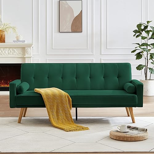 Sofá cama tipo futón convertible de mediados de siglo, sofá biplaza pequeño de tela de lino moderno, sofá cama plegable con reposabrazos y 2