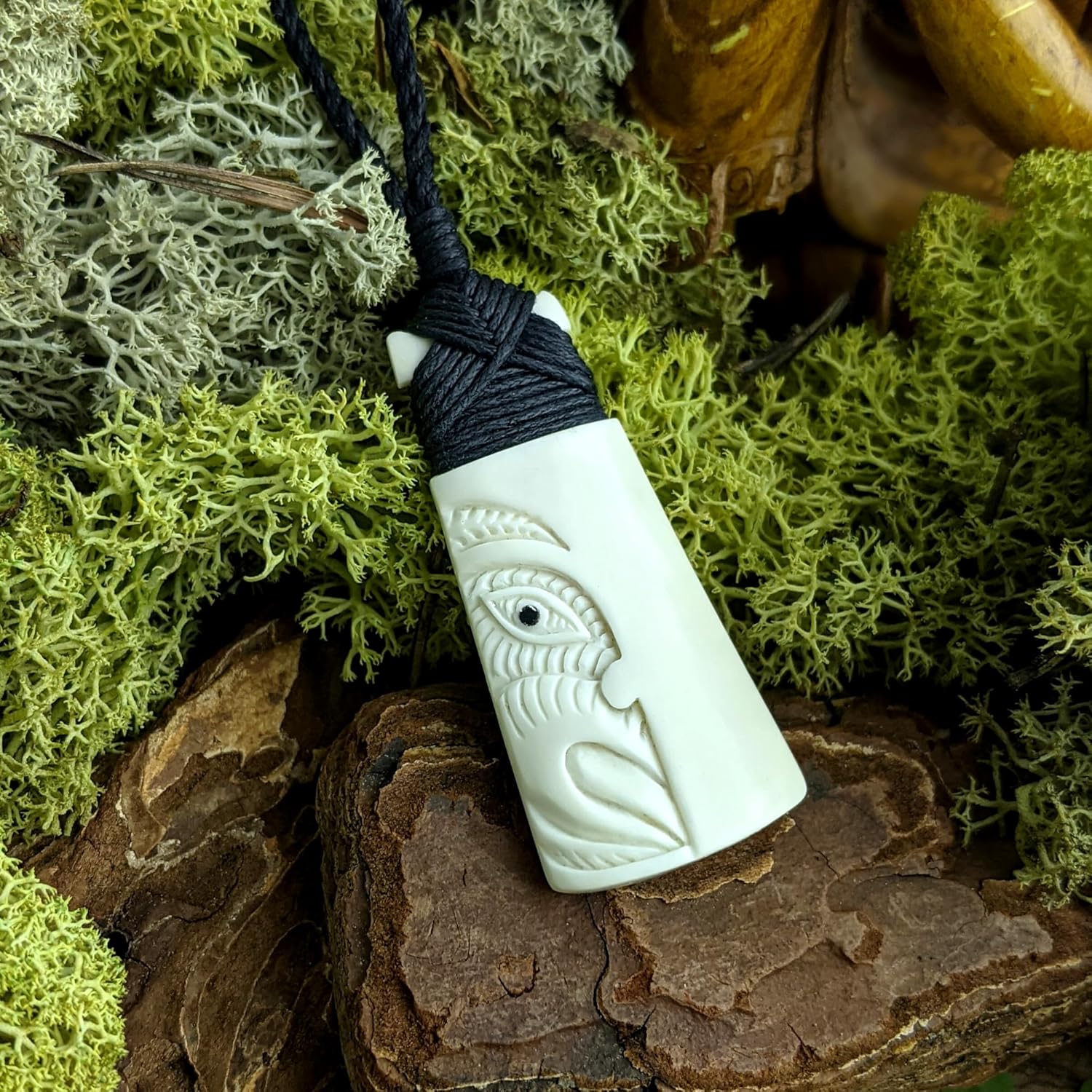81stgeneration Hand-Carved Bone Paua Shell Large HEI Toki Pendant with Engraved Maori Warrior Face - NZ-Style Cord Neckace - Men's Surfer Accessory - Handmade Tribal Statement Jewelry for Women - Image 3