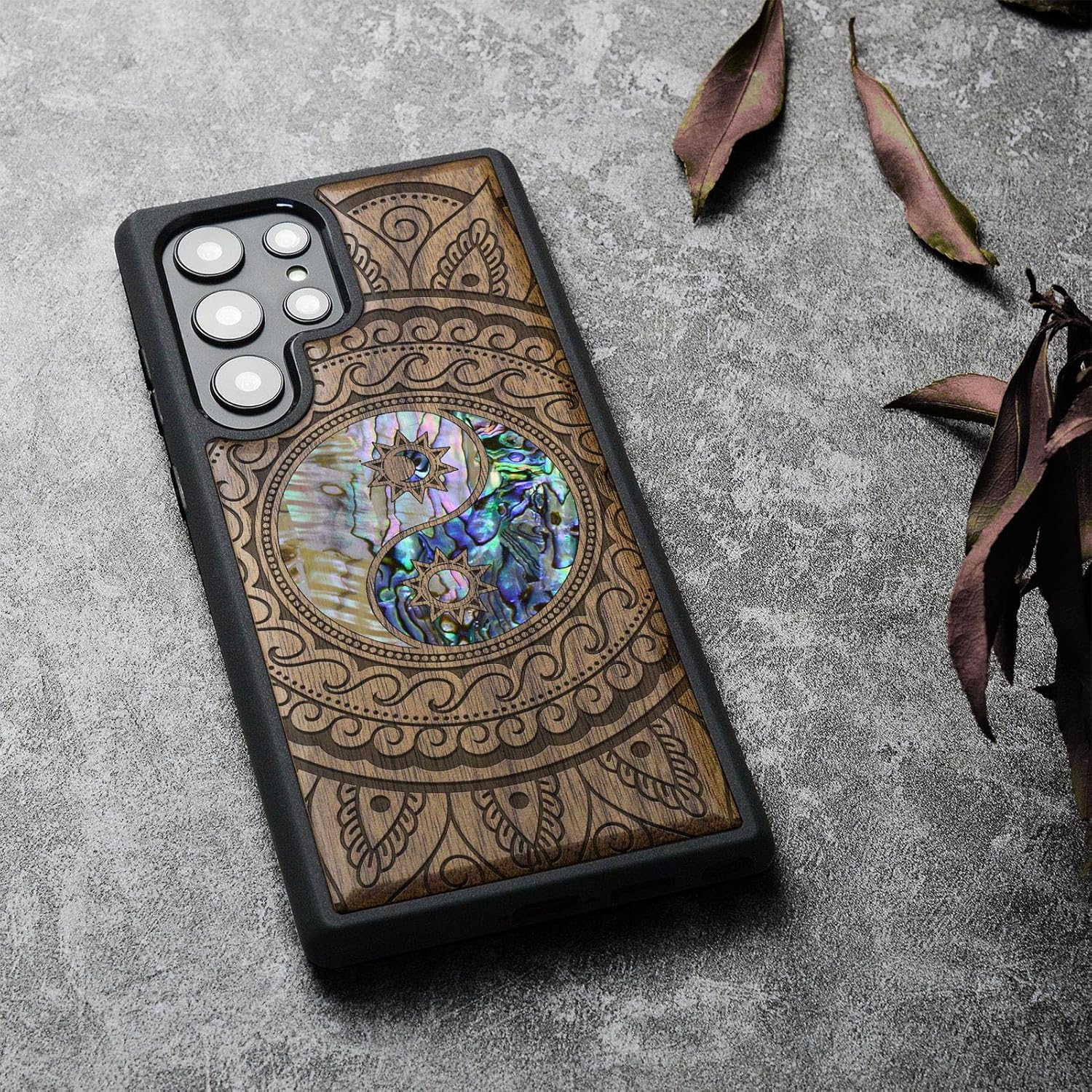 Carveit Designer Wooden Cover for Samsung Galaxy S22 Ultra Case [Wood Engraving & Shell Inlay] Compatible with Wireless Chargers Galaxy S22 Ultra (Yin Yang Paisley-Walnut)