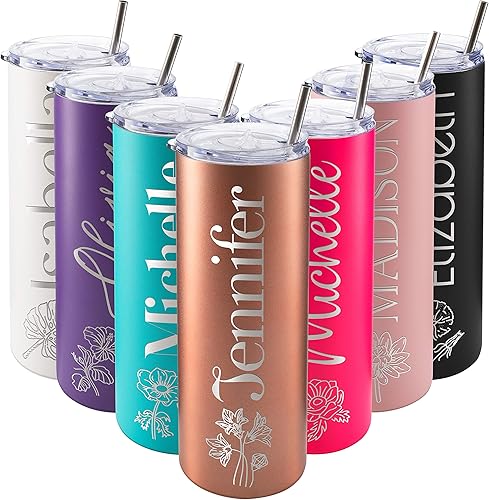 Vista 13 de Vaso delgado personalizado, pajilla, tapa y cepillo incluidos, 20 onzas, morado, regalos personalizados para mujeres, regalo para mamá, vaso delgado