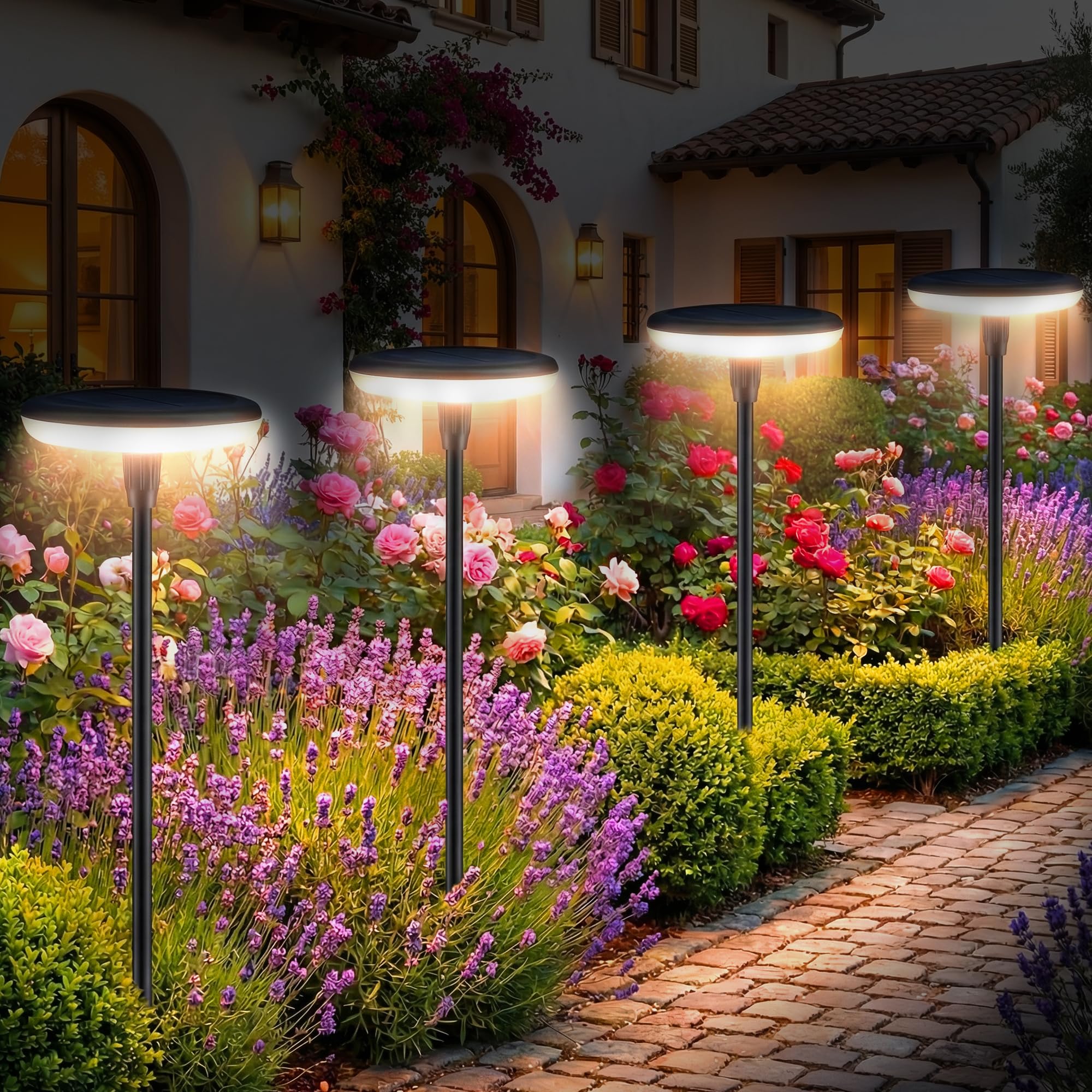 Lampade Solari da Giardino 4 Pezzi Luci Solari Esterno Bianco Caldo 1000mAh LED Lampada Solare Super Luminoso 34 lumen Impermeabile IP65, 50/82CM Altezza Regolabile, per Esterno Cortile Terra Prato
