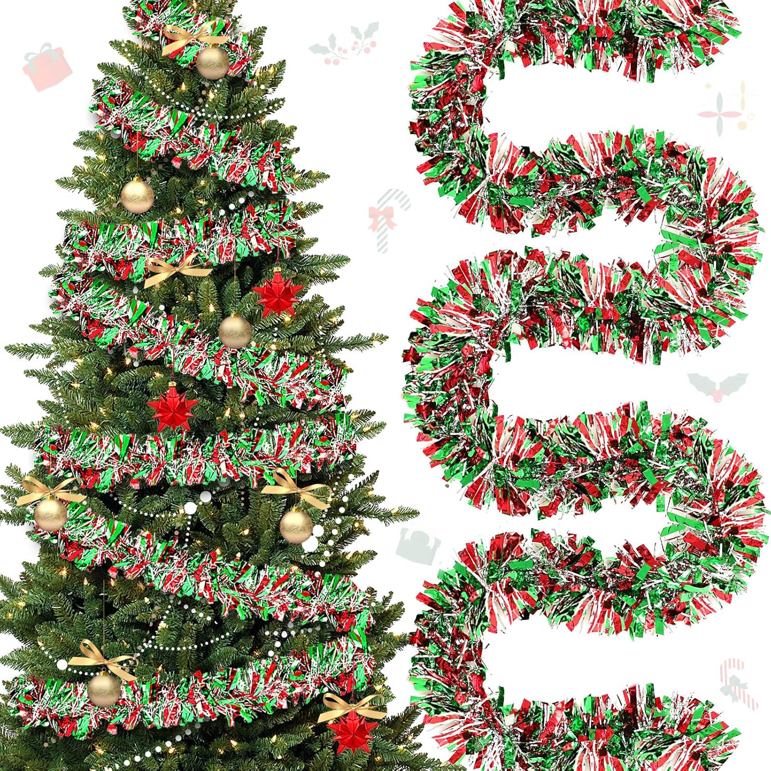 118 Feet Christmas Tinsel Garland Glitter Tinsel Twist Metallic Tree Shiny Hanging Ceiling Garland Decorations for Indoor Outdoor Holiday Party(Red Green Silver)