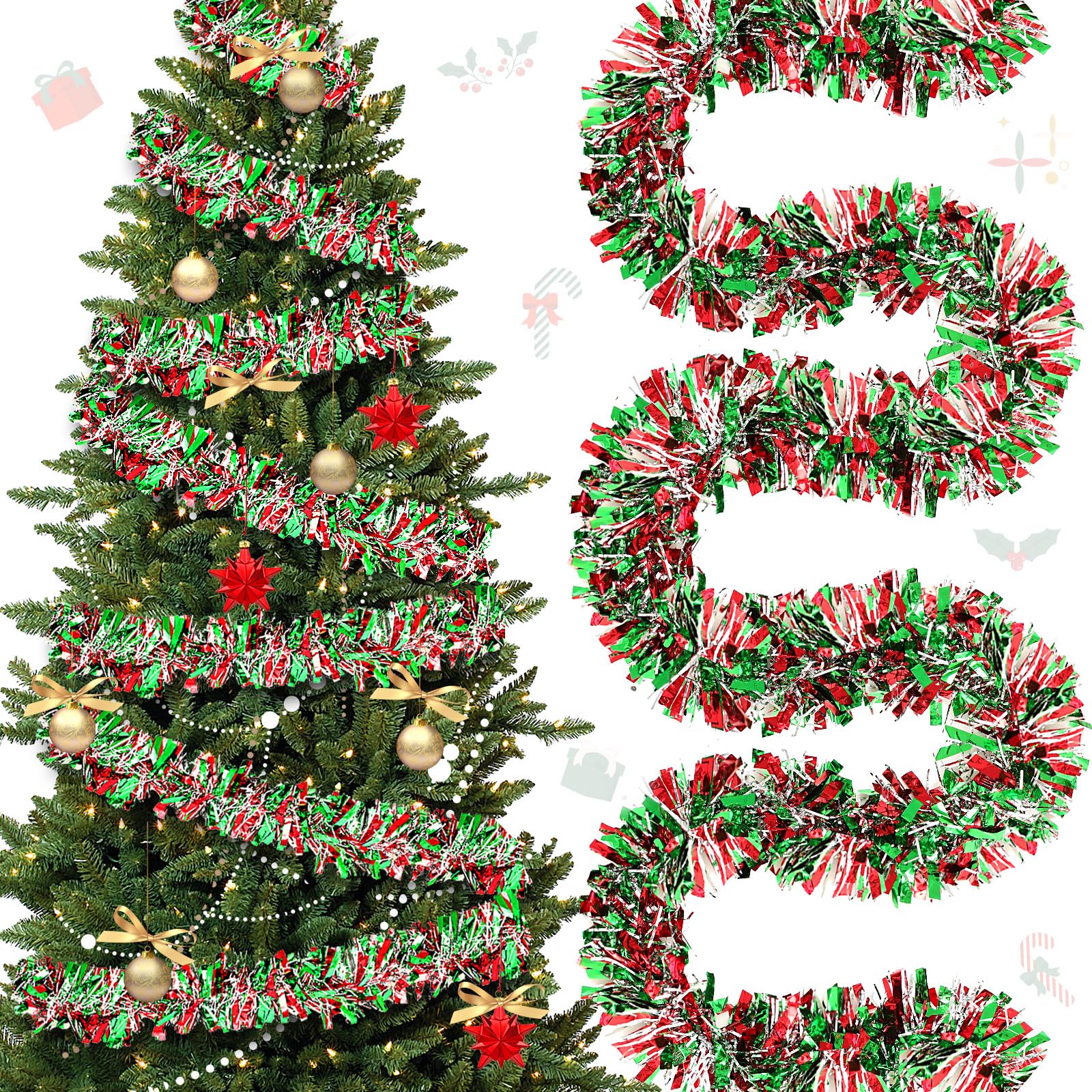 177 Feet Christmas Tinsel Garland for Tree, Red Green Silver
