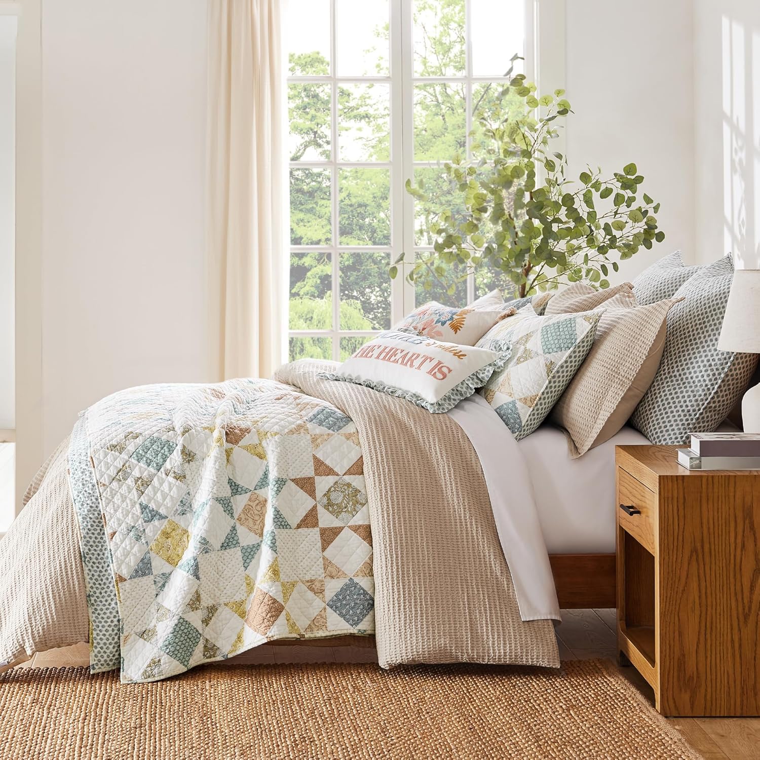 Levtex Home - Lottie Quilt Set - Full/Queen Quilt and Two Standard Shams - Patchwork - Sienna Teal Green Ochre Taupe and Cream - Quilt (88x92in.) and Shams (20x26in.) - Reversible - Cotton
