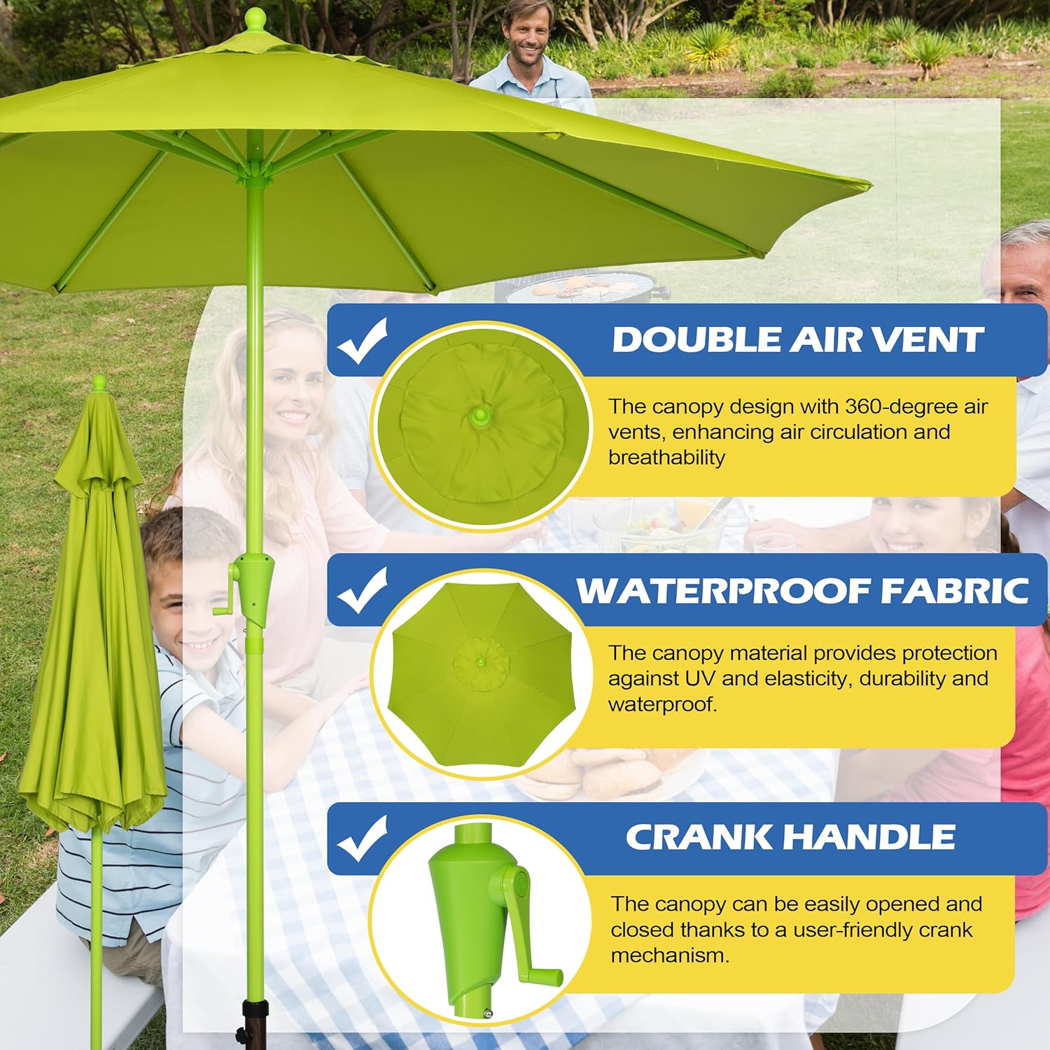 Sunnyglade 9FT Outdoor Patio Umbrella, Market Table Umbrella with 8 Sturdy Ribs and Crank System, Fade-resistant & Waterproof for Garden Backyard Poolside Deck