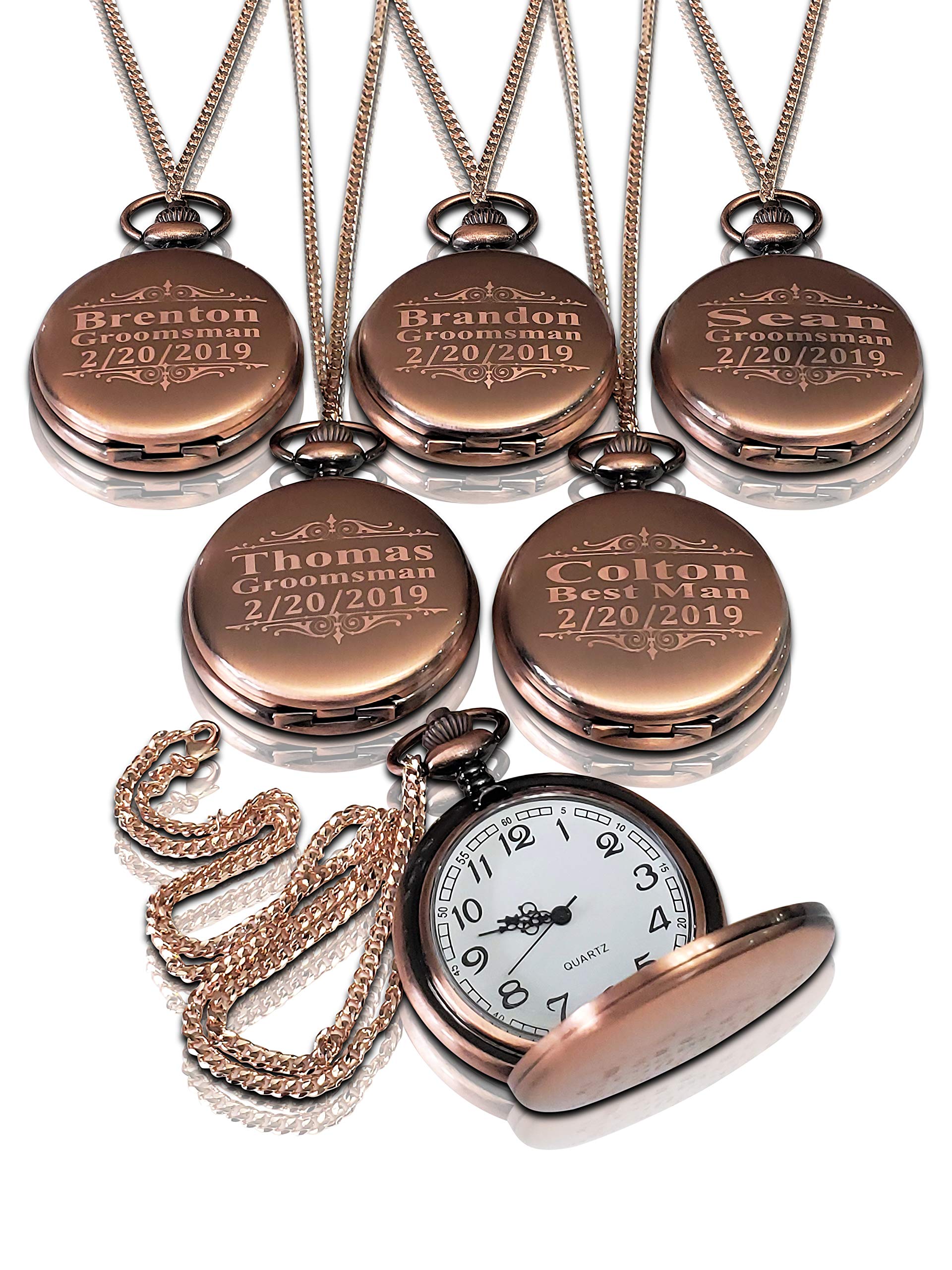 8 Groomsmen Engraved Pocket Watches, Set of 8 Groomsmen Wedding Unique Gifts, Chain, Box and Engraving Included, Comes in 5 Colors (Rose Gold)