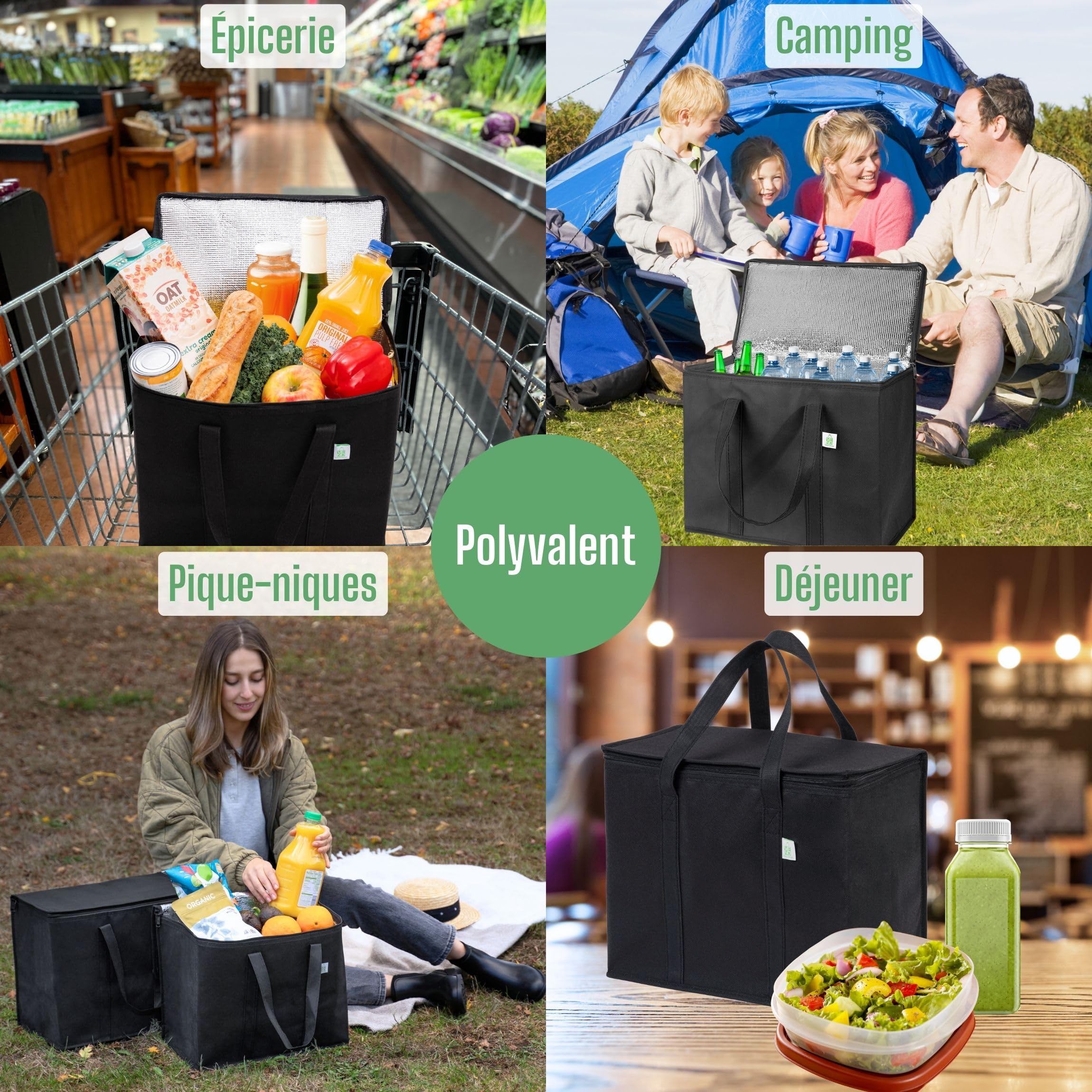 VENO Lot de 2 Sac Isotherme Pliable Isolation Réutilisable, Epicerie Alimentaire, Sac de Course, Robuste, Grand, Anses Durables, Fermeture Eclair Double Patte, Couverture, Debout (Noir)