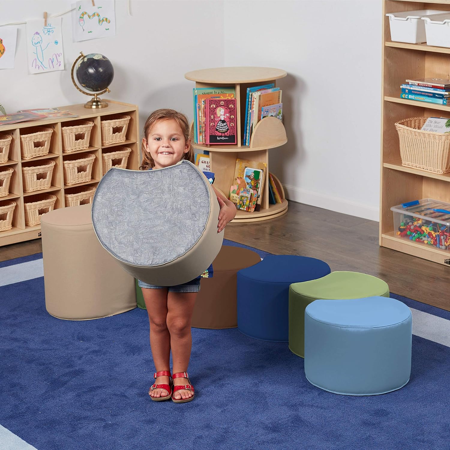 FDP SoftScape Crescent Soft Stool Set with Teacher Seat, Modular Colorful Flexible Seating for Classrooms and Daycares (7-Piece Set) - Earthtone