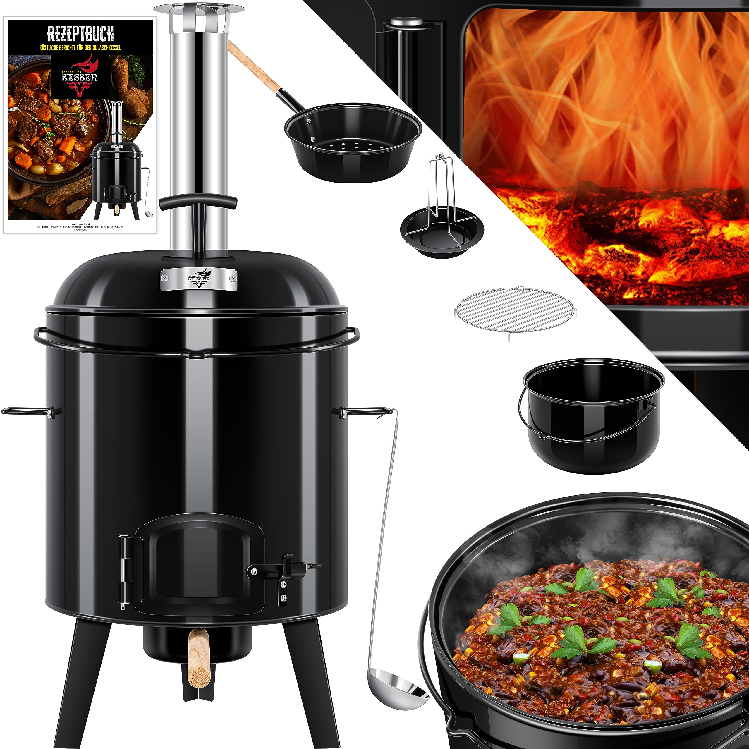 KESSER® Pentola per gulasch | Forno con Funzione Grill, griglia a Sfera + arrosto per Pollo 8 l Padella gulasch pentola 17 Litri Smaltata con Coperchio per la Cucina all'aperto
