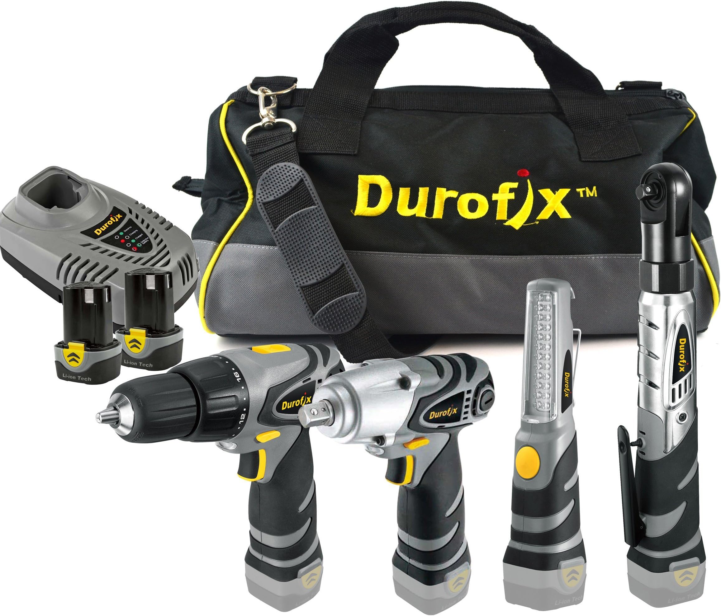 Durofix RD1295WIL 12-Volt Li-ion 4 Tools Combo Kit (Impact Wrench/Ratchet/Drill/LED Light + Tool Bag)
