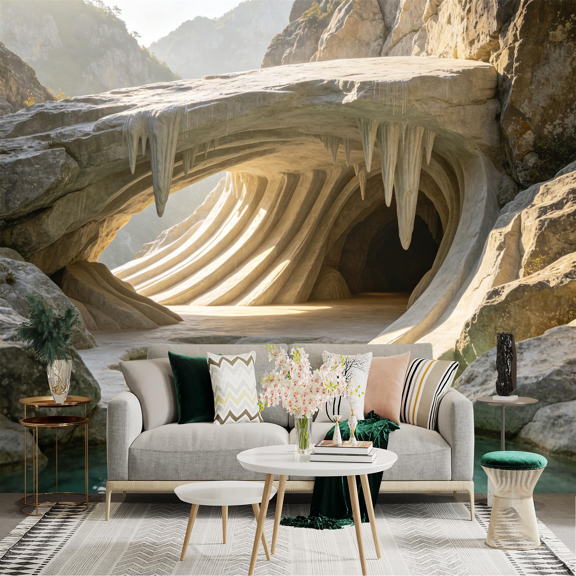Lnzczhyre Dbh260521824 Custom Size Wall Sticker Mural， Natural Stone Cave Archway， Turquoise Mountain Lake， Geological Rock Formation， Scenic Sunlight Landscape， For Wall Decoration， Peelandstick Wall Decals.