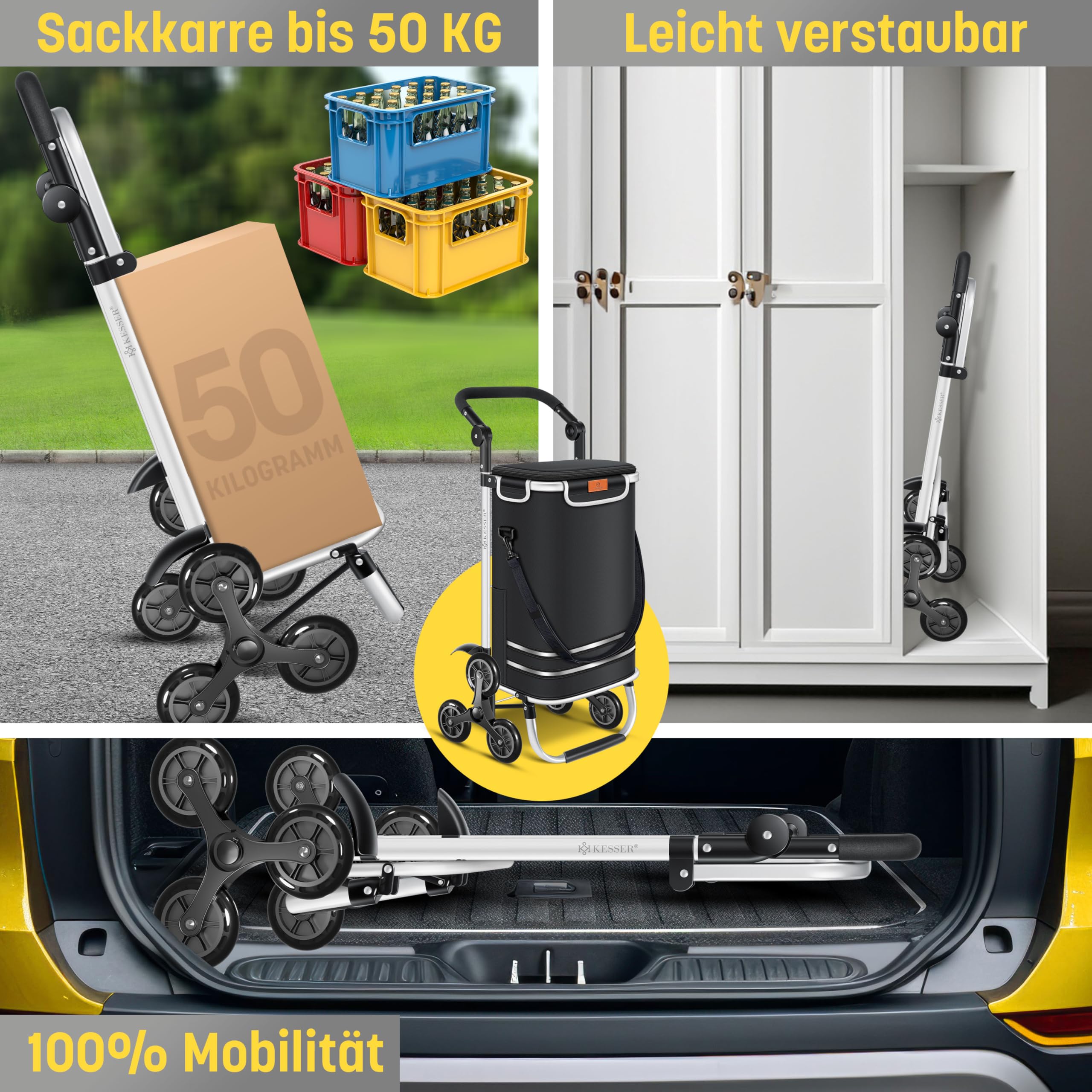KESSER® Einkaufstrolley Treppensteiger mit Kühlfach klappbar mit 56L Kapazität und belastbar bis 50kg | 3in1 Trolley Sackkarre & Umhängetasche | Faltbarer Einkaufswagen inkl. Einkaufschip, Schwarz