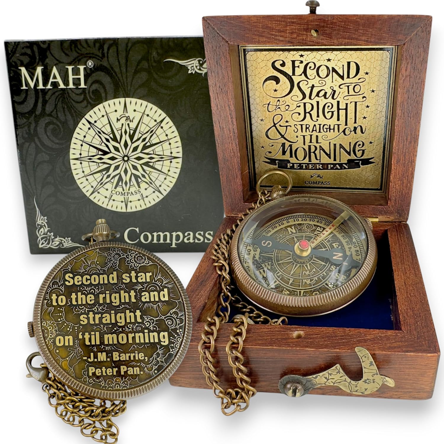 Brass Compass with “Second Star to the Right” Embossed Dial – Inspirational Pocket Compass Gift for Son, Daughter, or Friend | Motivational Keepsake for Graduation, Birthday, Christmas, or Travel gift