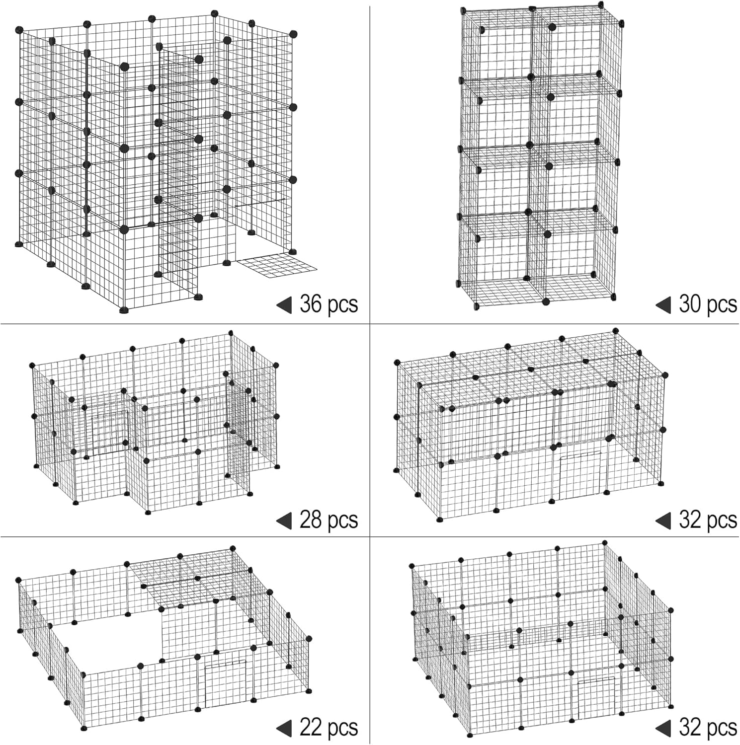 Detailed diagram of the pet playpen with overall dimensions and individual panel grid size