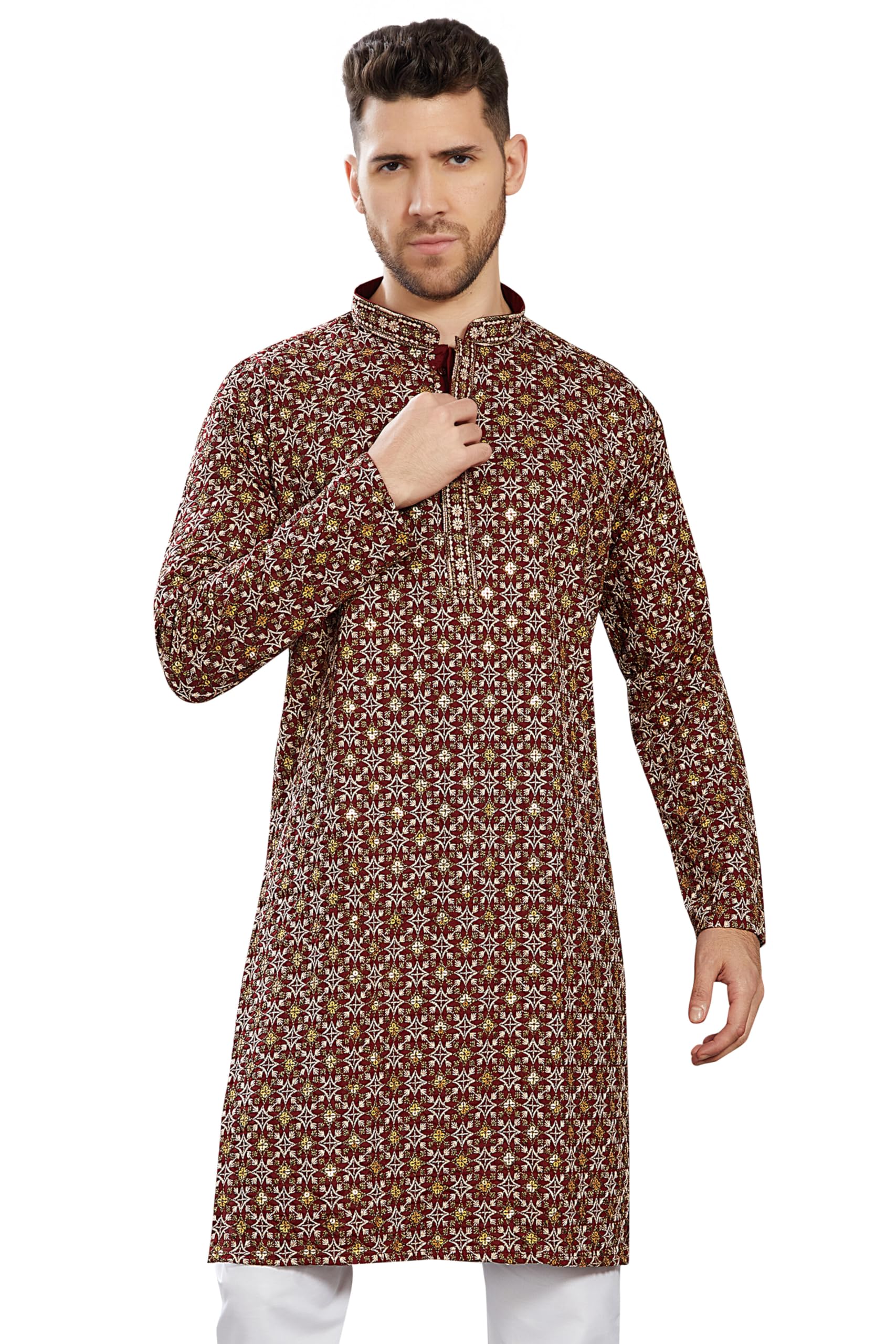 Divisive Men's Sequince Embroidered Cotton Blend Only Slim Fit Kurta (Dkrt752_Xl_Maroon)