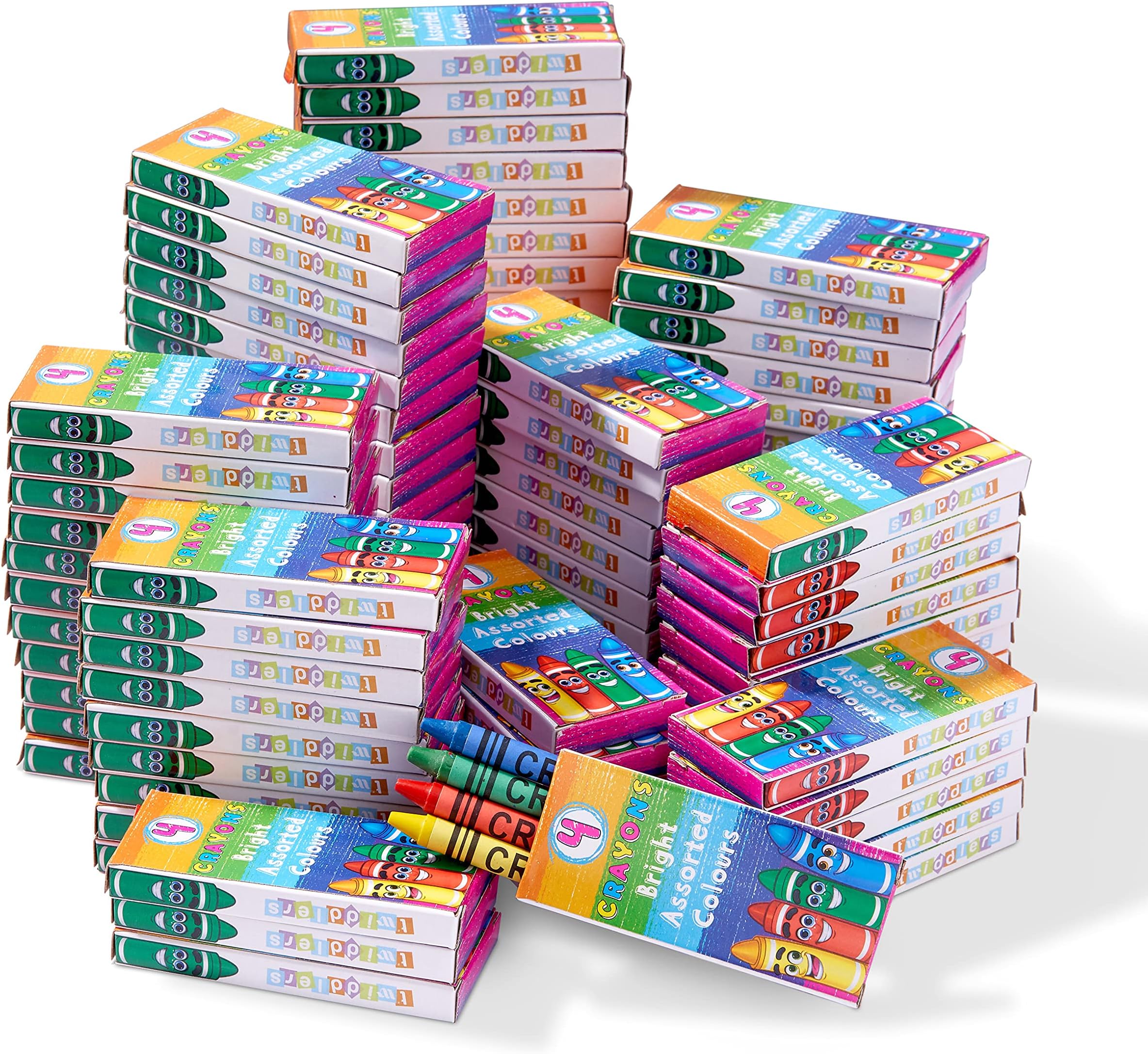 THE TWIDDLERS 144 Boxes of Wax Crayons for Kids - 4 Per Box, 576 Total - Mixed Coloured, Perfect for School Classrooms, Restaurants, Bulk Kids Crayons Colouring Activity, Party Bag Fillers