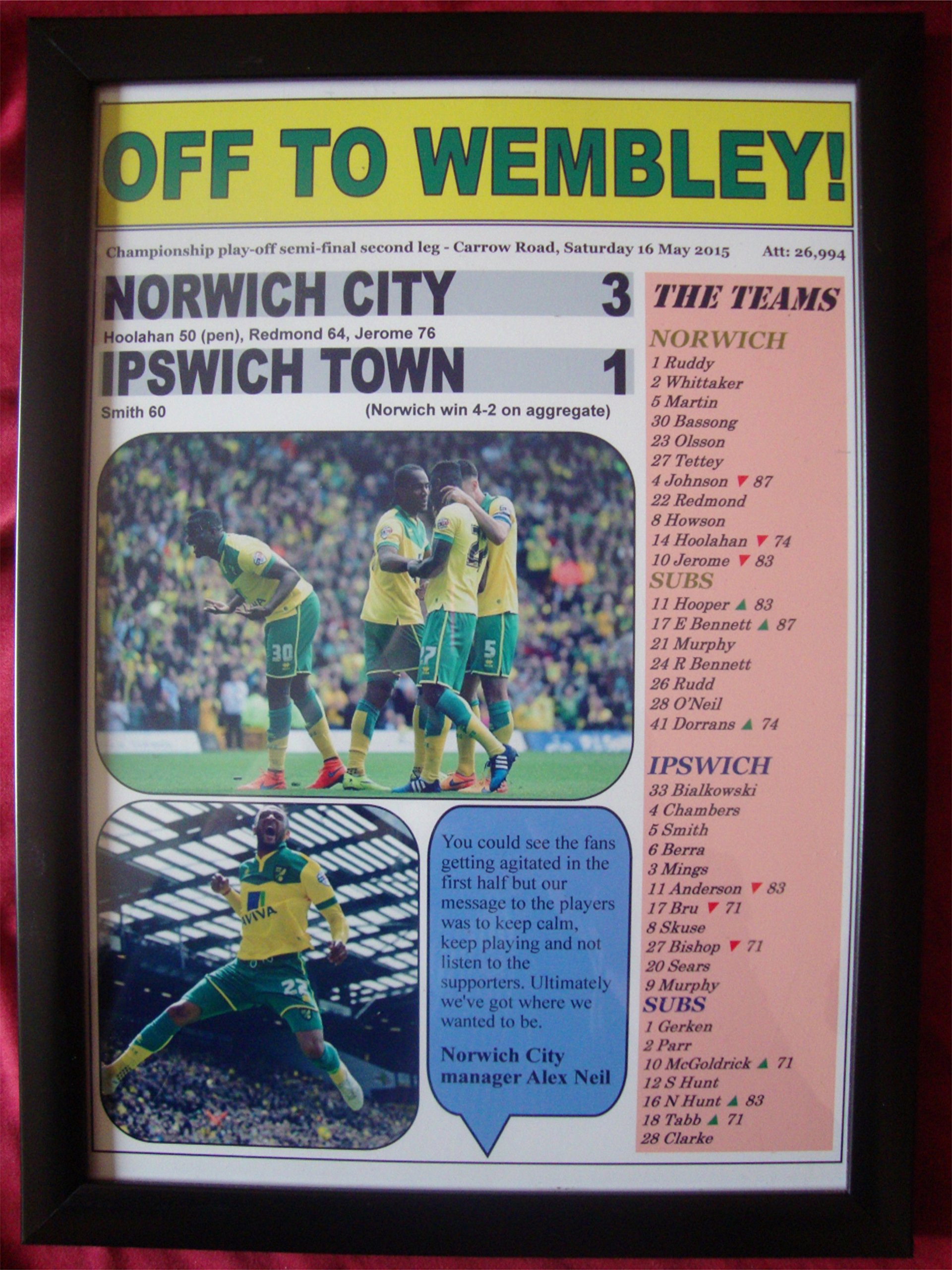 Lilywhite Multimedia Black Norwich City 3 Ipswich Town 1 - Norwich At Wembley - 2015 - Framed Print