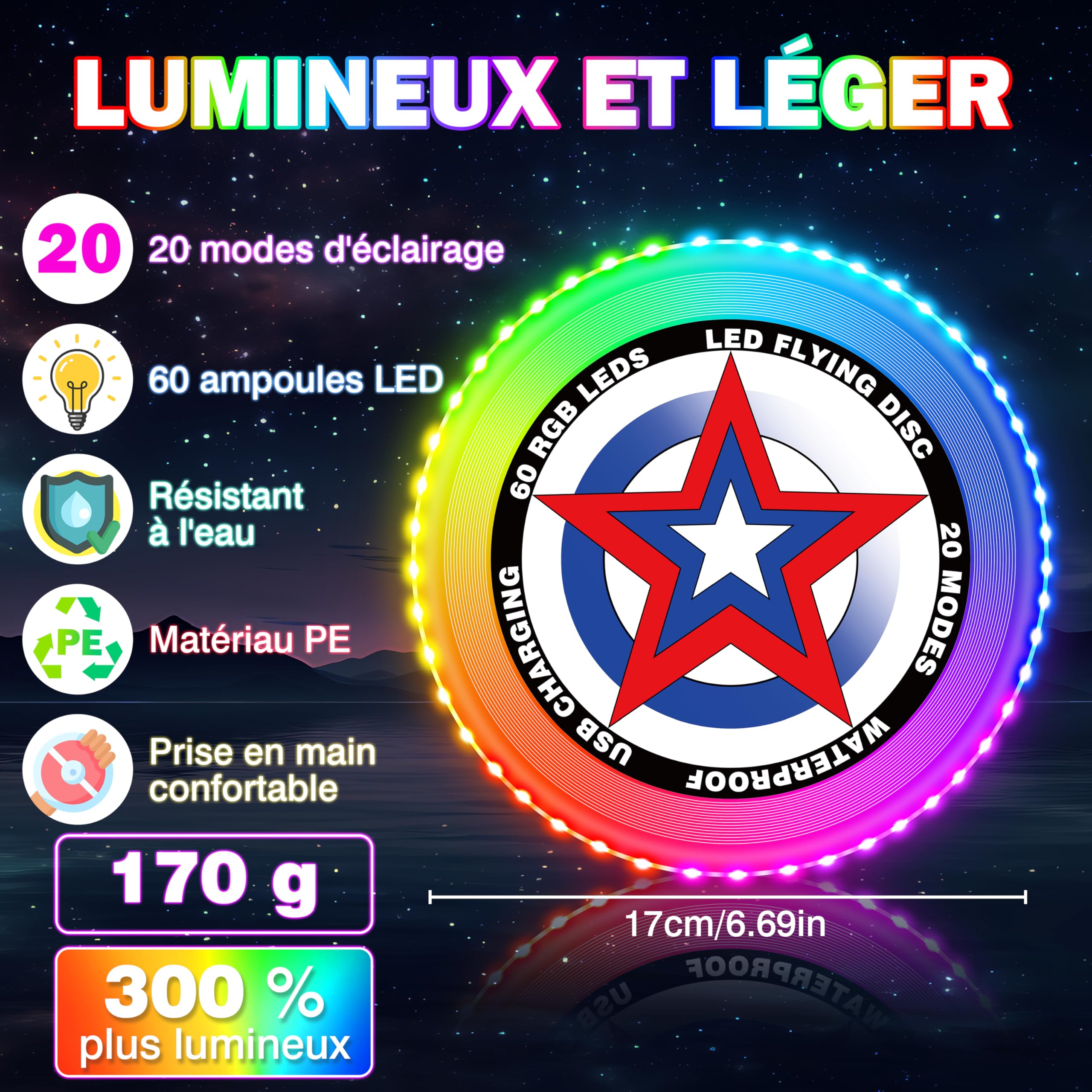 Frisbee Lumineux avec 20 Effets Lumineux, Imperméable, Capable de Flotter sur l'eau, Anneau Volant 60 LED, Jouet Jeux d'extérieur Cadeaupour Adultes Enfants, LED Frisbee pour Plage Pelouse Camping