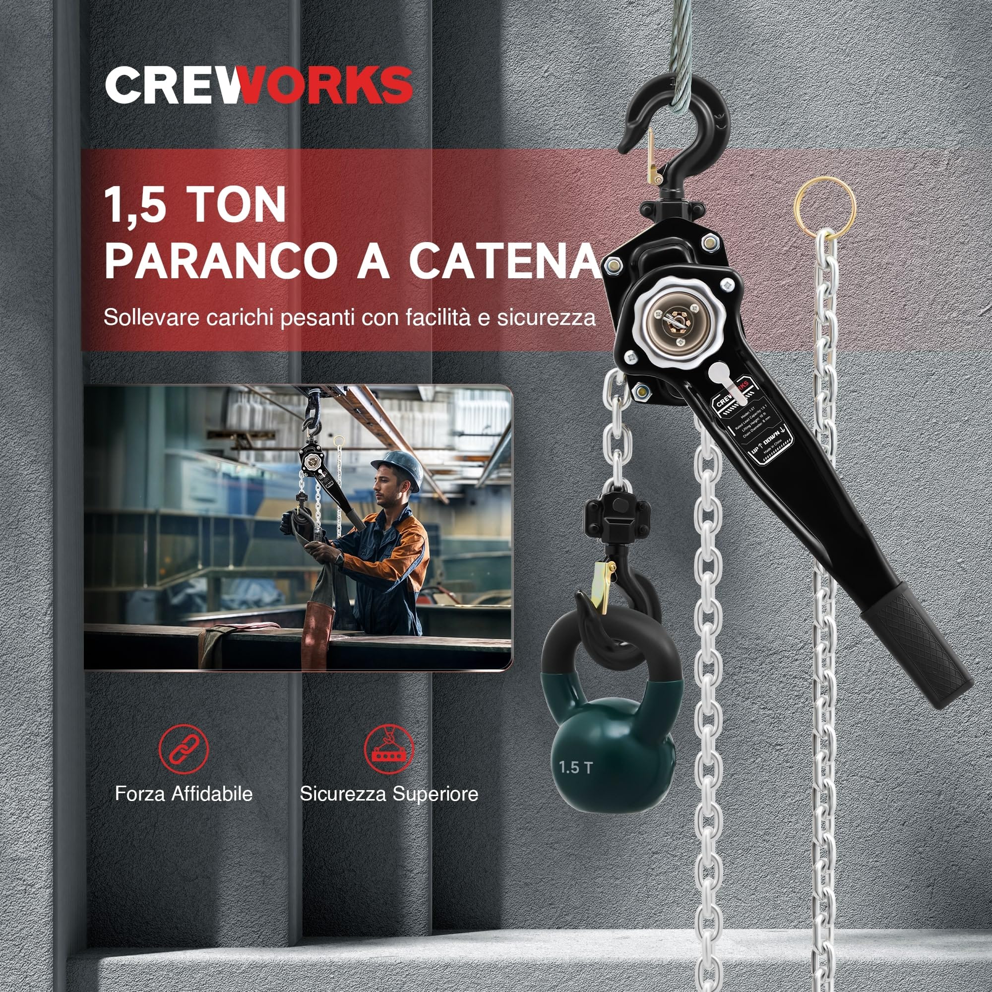 CREWORKS Paranco a Catena Manuale Altezza di Sollevamento 3 Metri Capacità Carico Max 1,5 Tonnellate con Catena Zincata G80 e Ganci Girevoli a 360° per Magazzini Edili Fabbriche