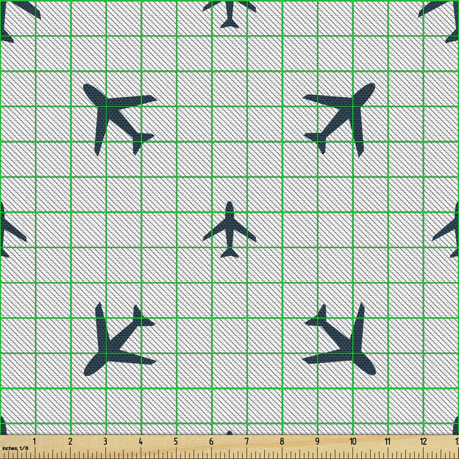 Ambesonne Airplane Fabric by The Yard, Diagonal Stripes Travel Silhouettes Vacation Aviation, Decorative Fabric for Upholstery and Home Accents, 2 Yards, Petrol Blue
