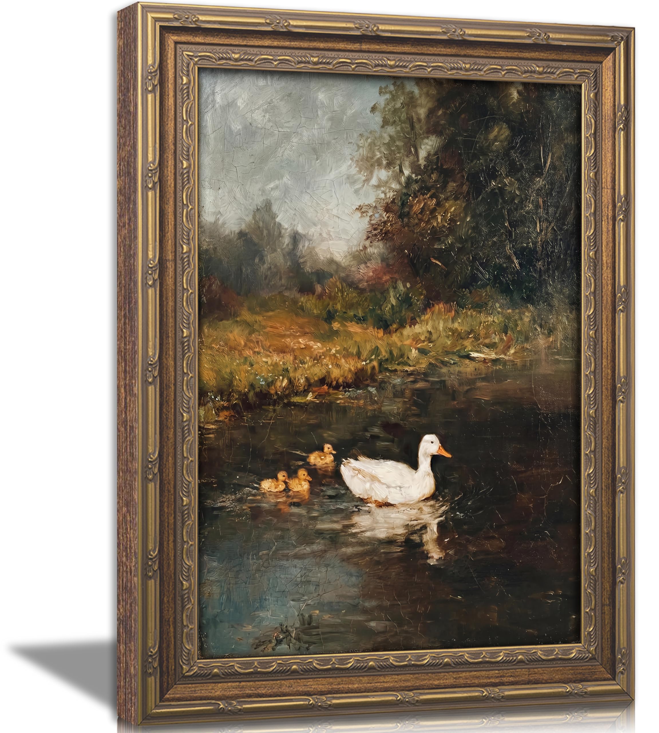 Vintage Gold Framed Duck Wall Art, Rustic Farmhouse Duck Lake Landscape Painting Canvas Prints, Pond Wildlife Wall Decor, Cottagecore Ducklings Poster Artwork for Living Room Bedroom Kitchen 9x11in