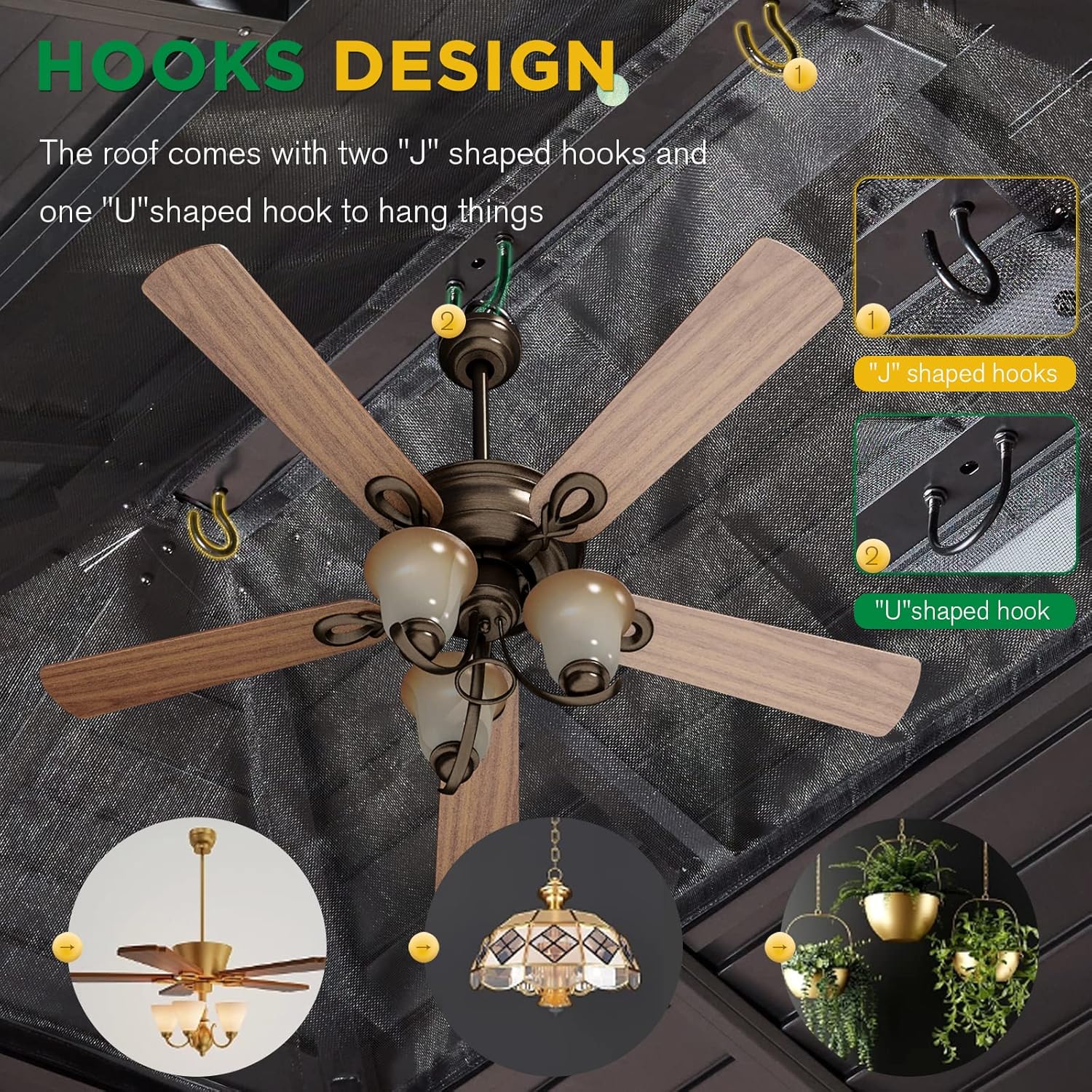 Close-up of the roof interior showing J-shaped and U-shaped hooks for hanging lights or fans.