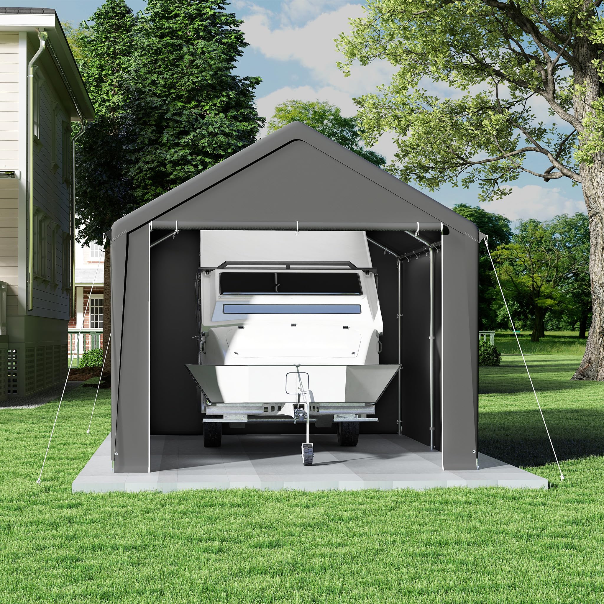 Aufun Carport Zeltgarage 3x4m, Wasserdichtes Lagerzelt mit PE-Dach, Reißenresistenter Garagenzelt mit abnehmbaren Seitenwänden, UV-beständig Winterfest Unterstand für Auto, SUV, LKW, Boot, Grau